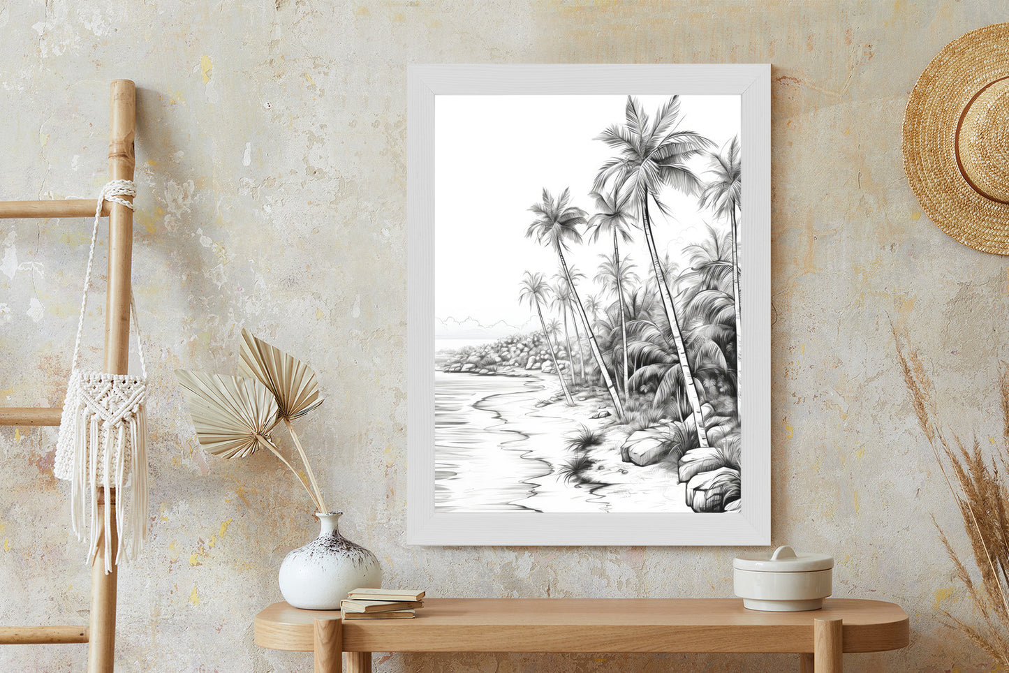 Poster Tropischer Strand Mit Palmen Und Sandiger Meeresküste Rahmen Holz Mit Passepartout Farbe Natürlich