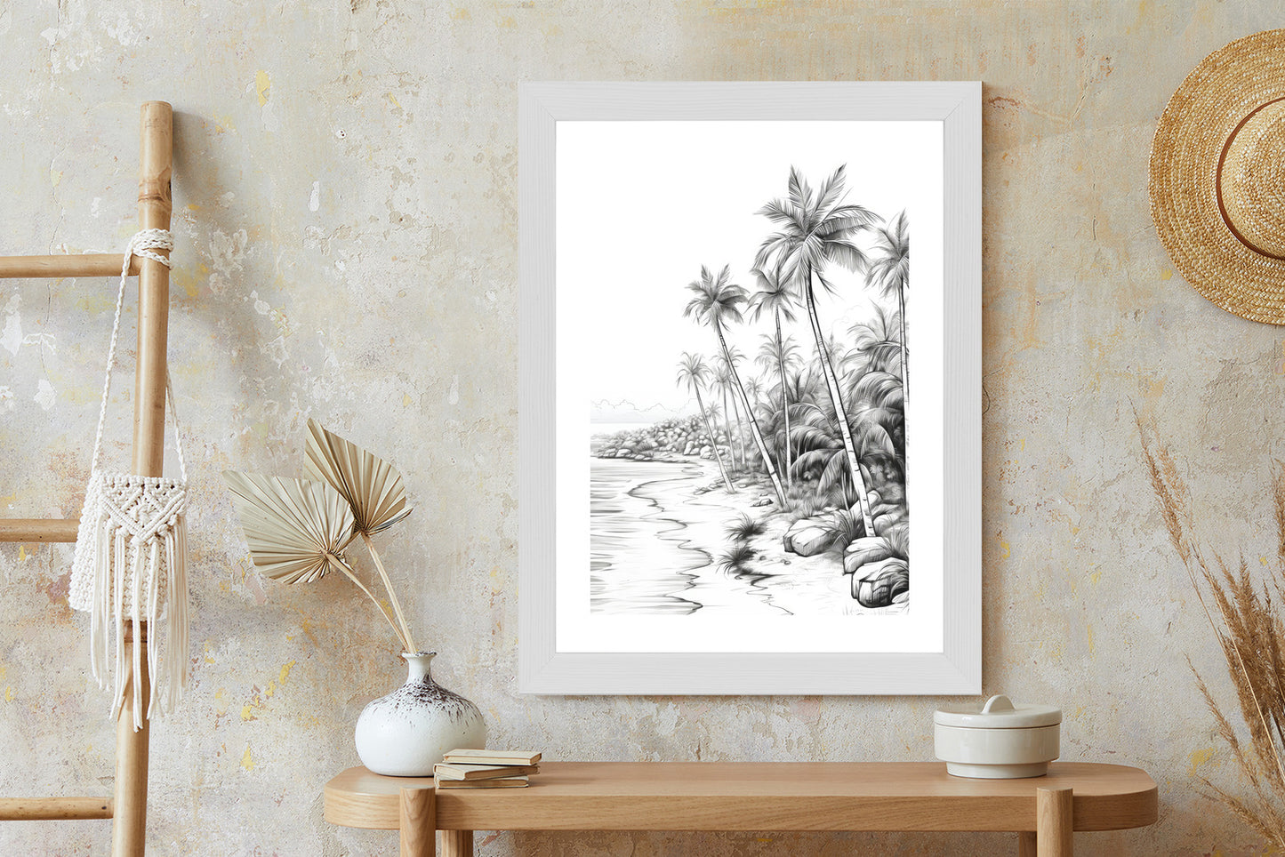 Poster Tropischer Strand Mit Palmen Und Sandiger Meeresküste Rahmen Holz Mit Passepartout Farbe Natürlich