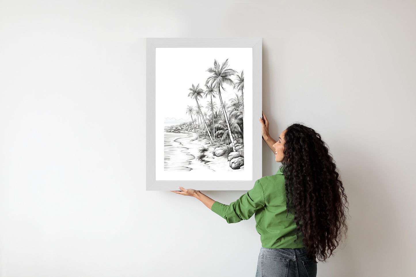 Poster Tropischer Strand Mit Palmen Und Sandiger Meeresküste Rahmen Holz Mit Passepartout Farbe Natürlich