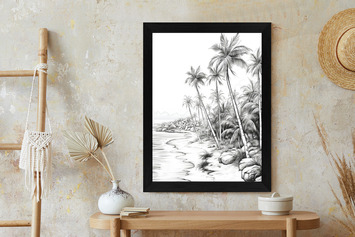 Poster Tropischer Strand Mit Palmen Und Sandiger Meeresküste Rahmen Holz Mit Passepartout Farbe Natürlich