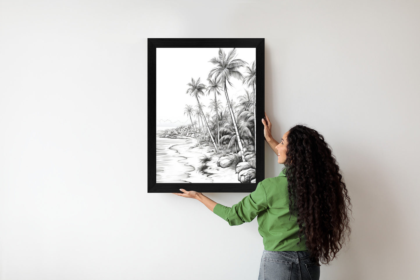 Poster Tropischer Strand Mit Palmen Und Sandiger Meeresküste Rahmen Holz Mit Passepartout Farbe Natürlich