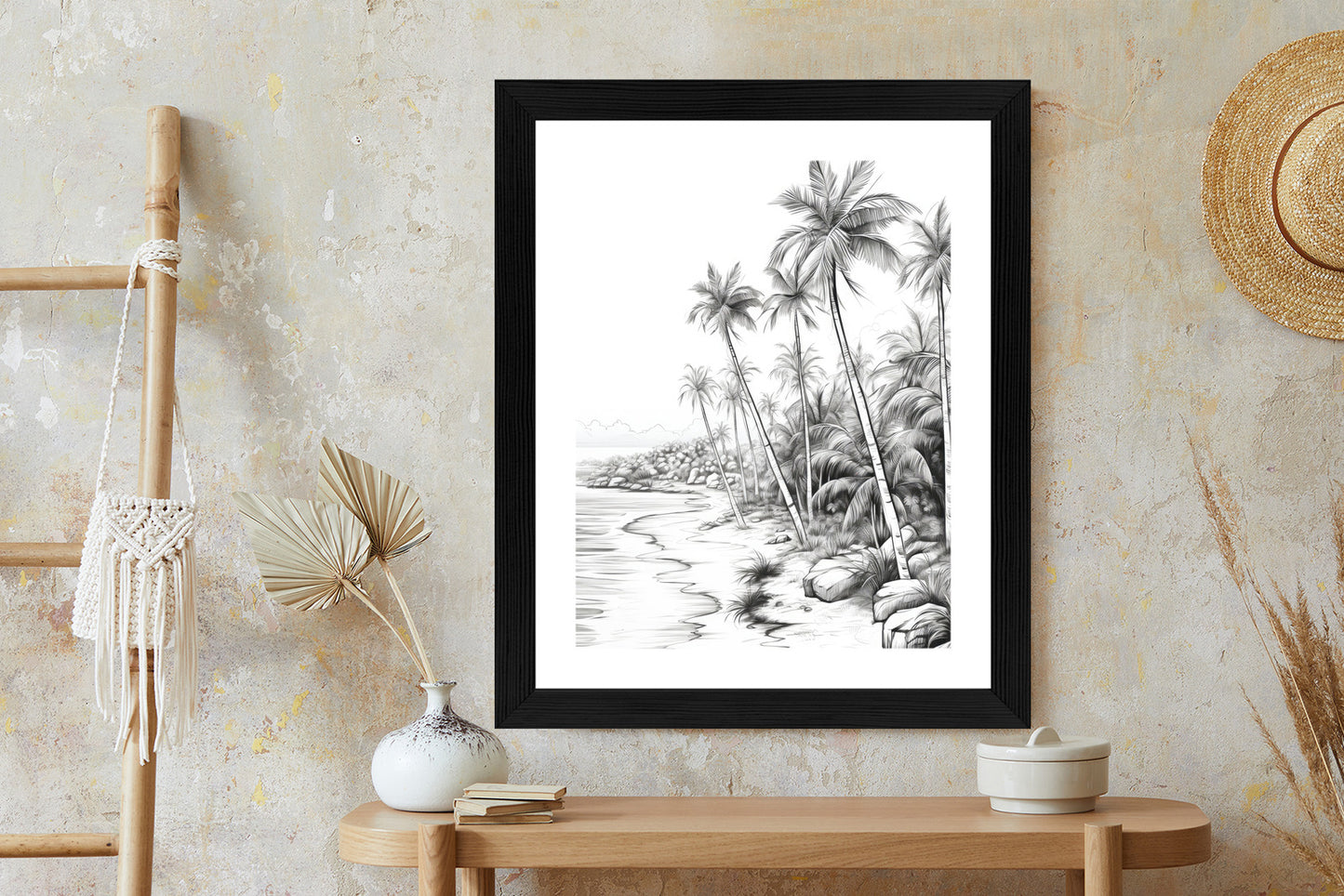 Poster Tropischer Strand Mit Palmen Und Sandiger Meeresküste Rahmen Holz Mit Passepartout Farbe Natürlich