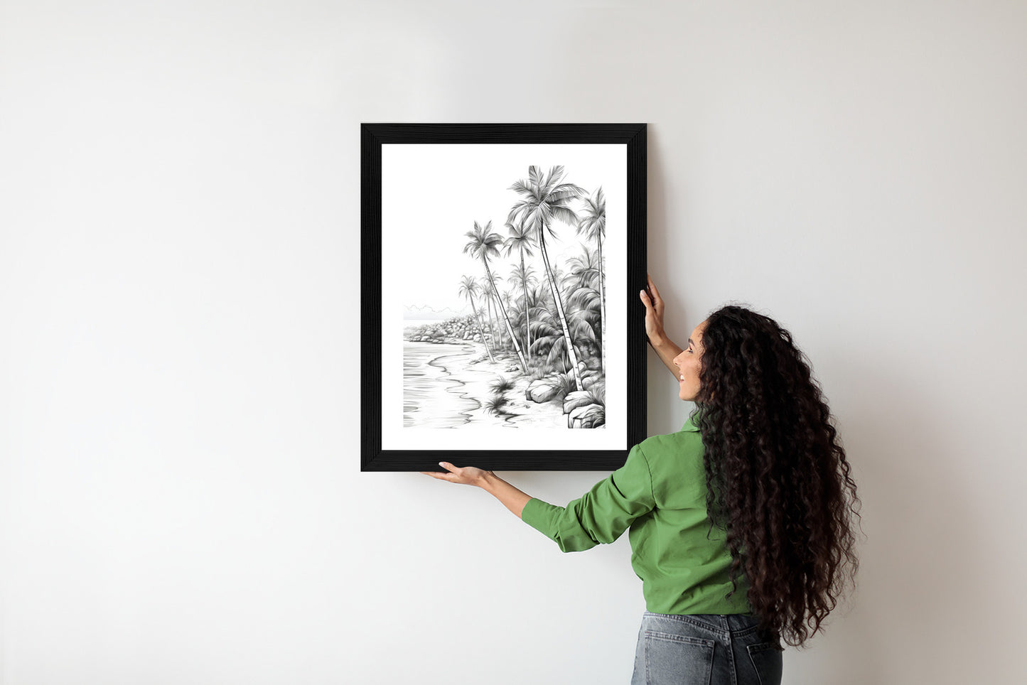 Poster Tropischer Strand Mit Palmen Und Sandiger Meeresküste Rahmen Holz Mit Passepartout Farbe Natürlich