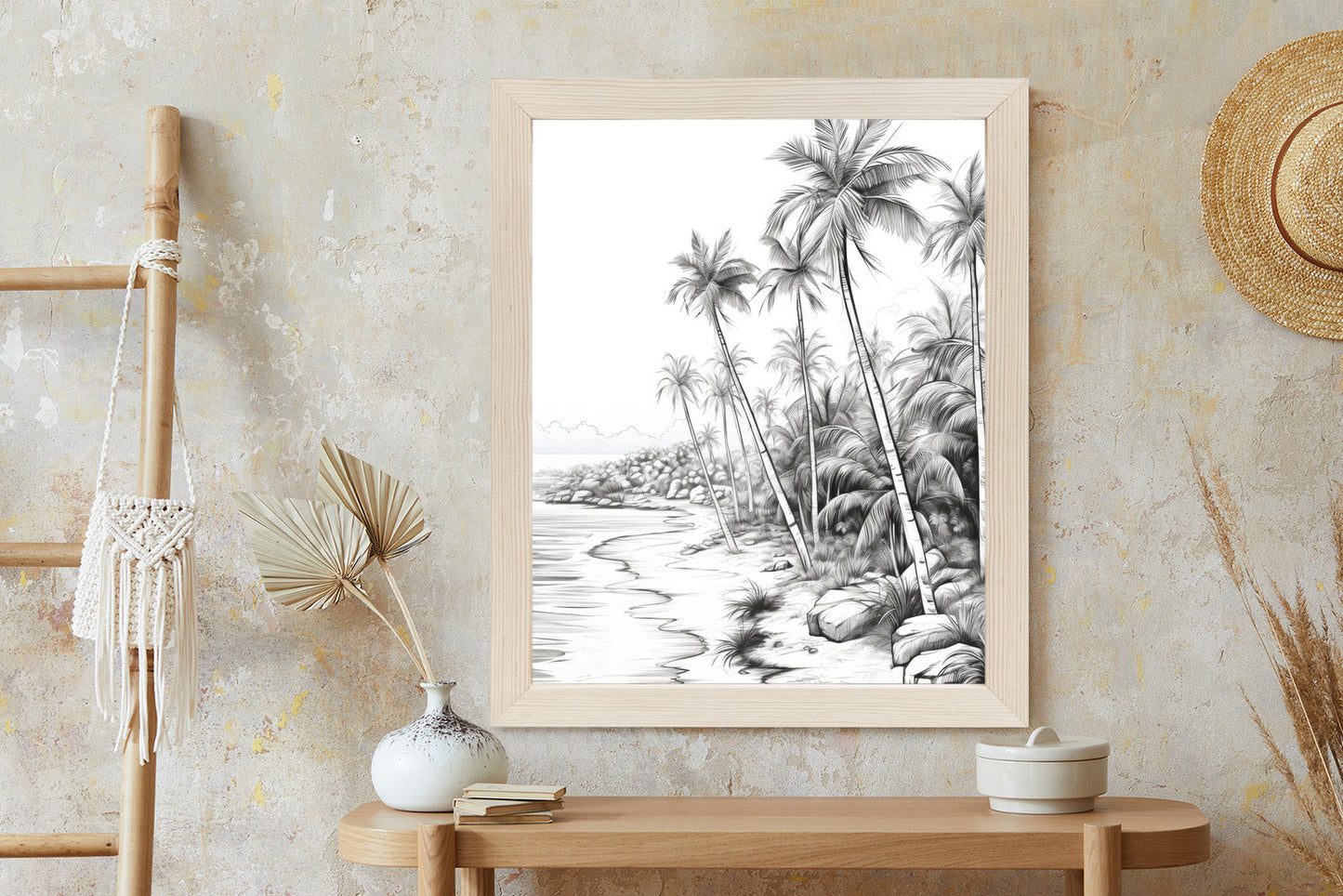 Poster Tropischer Strand Mit Palmen Und Sandiger Meeresküste Rahmen Holz Mit Passepartout Farbe Natürlich