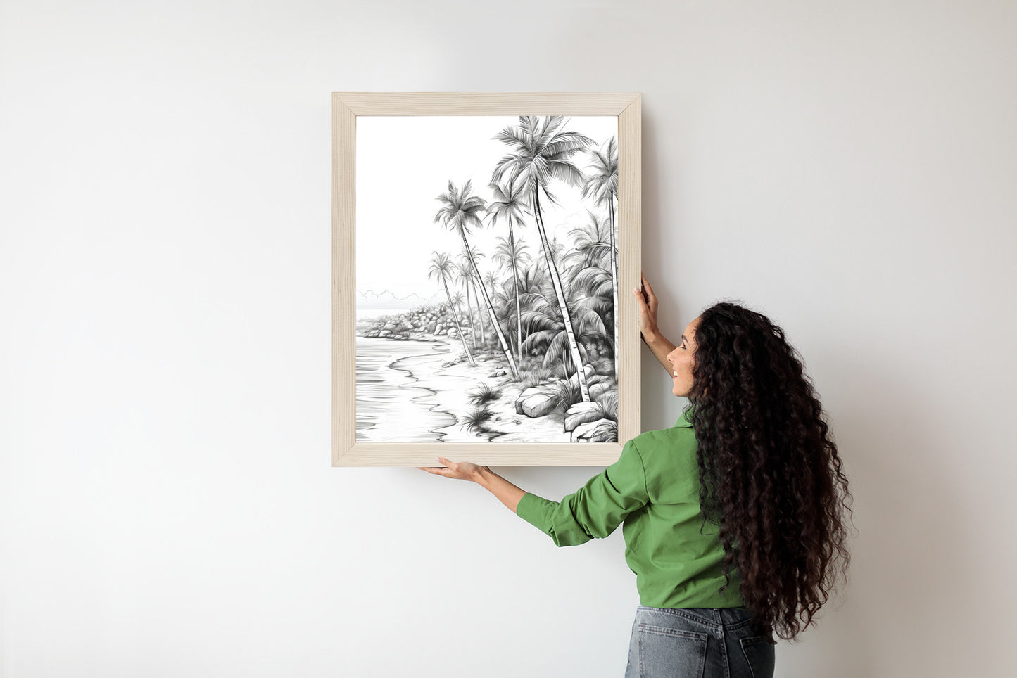 Poster Tropischer Strand Mit Palmen Und Sandiger Meeresküste Rahmen Holz Mit Passepartout Farbe Natürlich