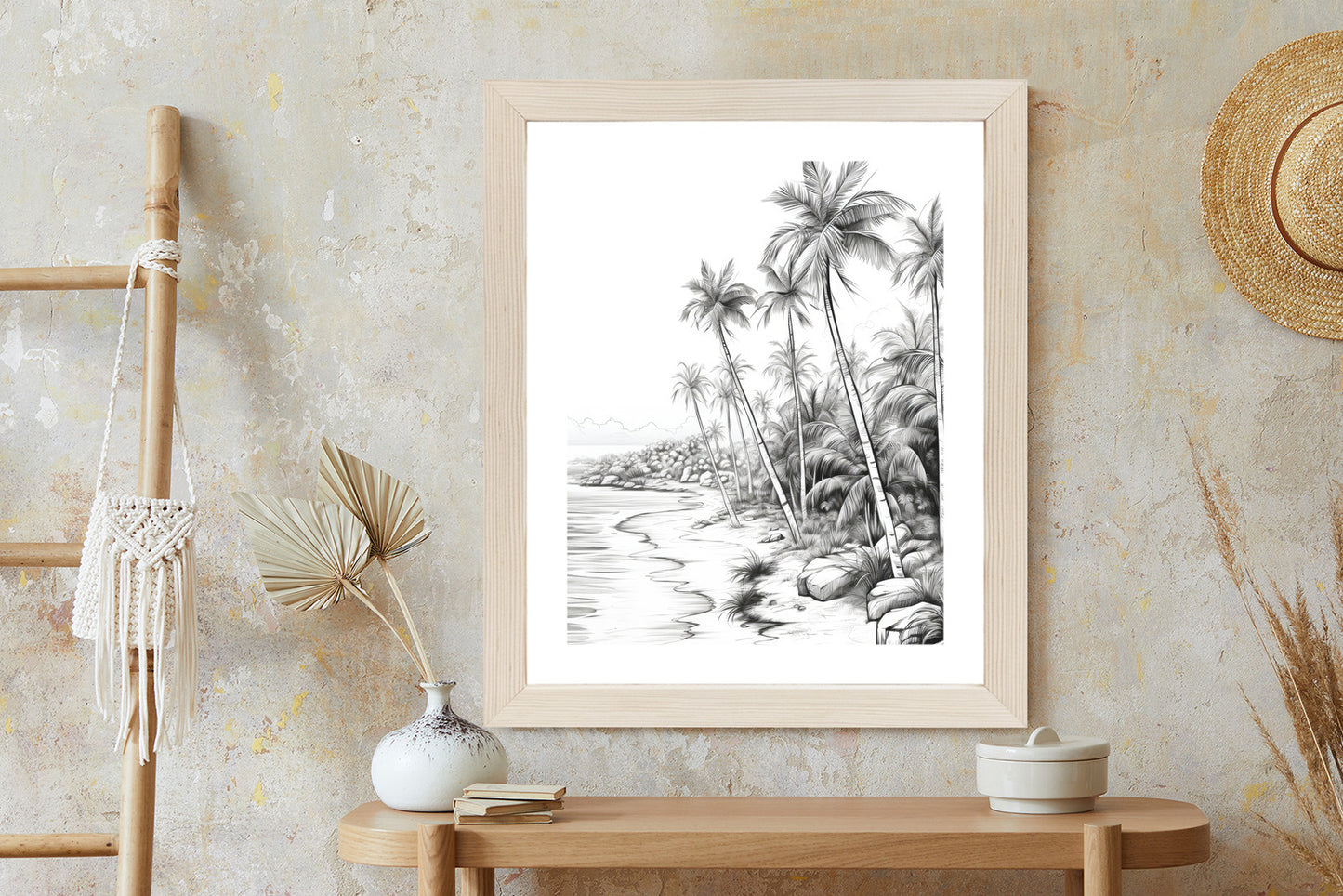 Poster Tropischer Strand Mit Palmen Und Sandiger Meeresküste Rahmen Holz Mit Passepartout Farbe Natürlich