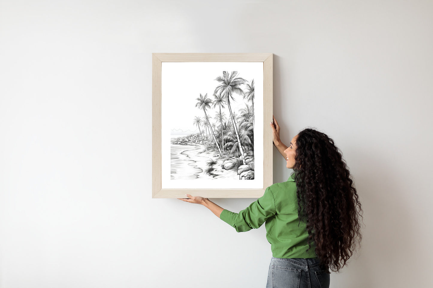 Poster Tropischer Strand Mit Palmen Und Sandiger Meeresküste Rahmen Holz Mit Passepartout Farbe Natürlich