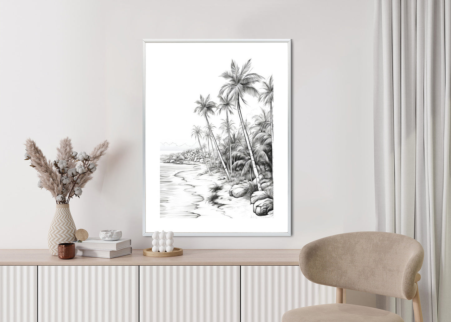 Poster Tropischer Strand Mit Palmen Und Sandiger Meeresküste Rahmen Holz Mit Passepartout Farbe Natürlich