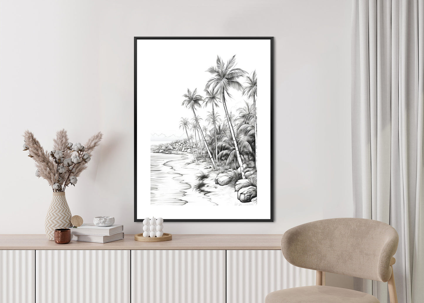 Poster Tropischer Strand Mit Palmen Und Sandiger Meeresküste Rahmen Holz Mit Passepartout Farbe Natürlich