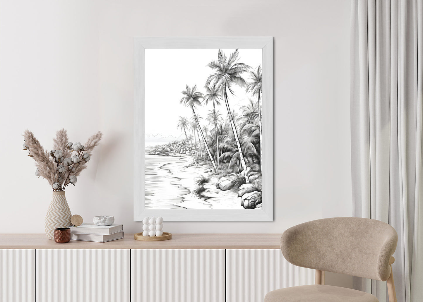 Poster Tropischer Strand Mit Palmen Und Sandiger Meeresküste Rahmen Holz Mit Passepartout Farbe Natürlich