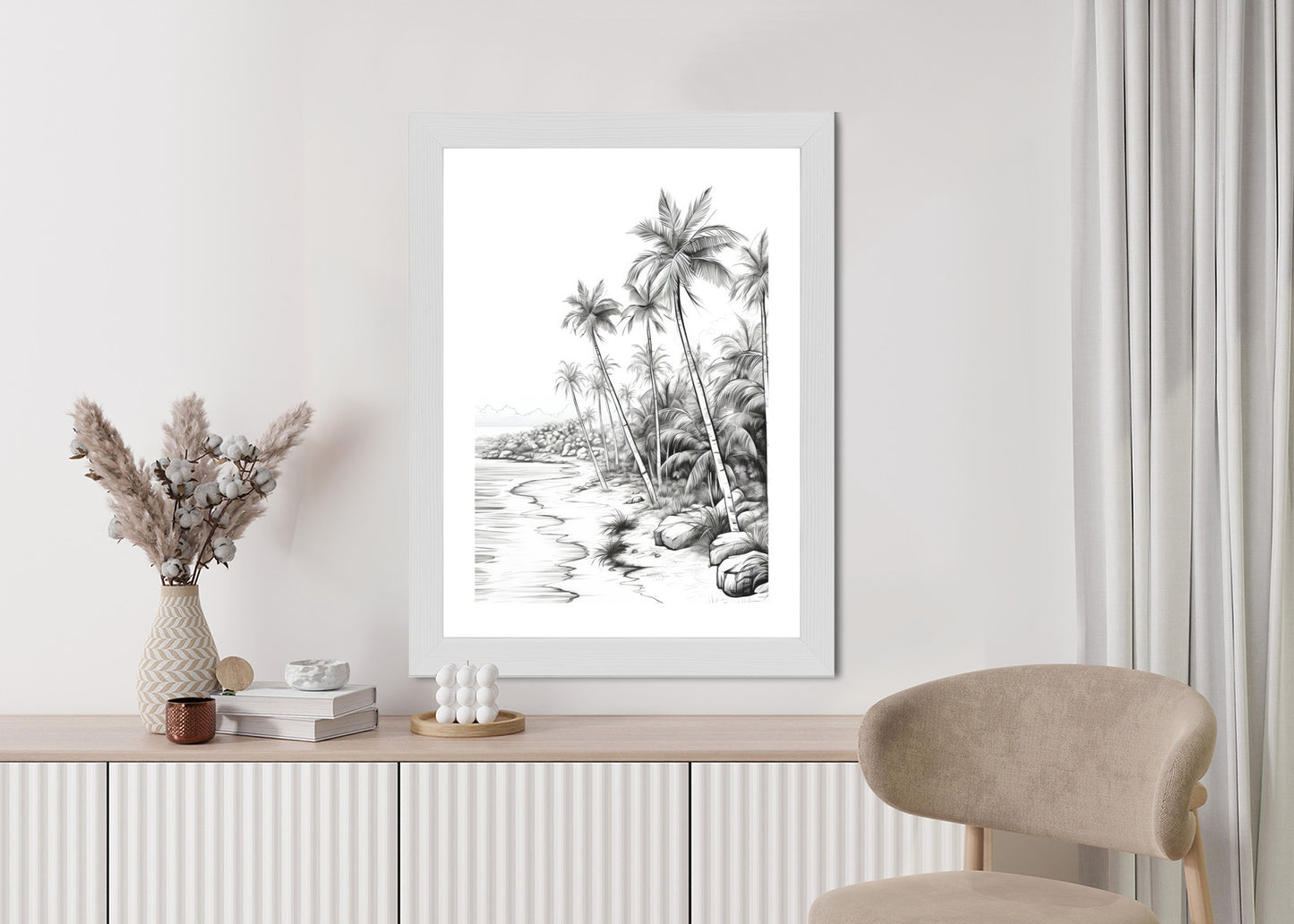 Poster Tropischer Strand Mit Palmen Und Sandiger Meeresküste Rahmen Holz Mit Passepartout Farbe Natürlich