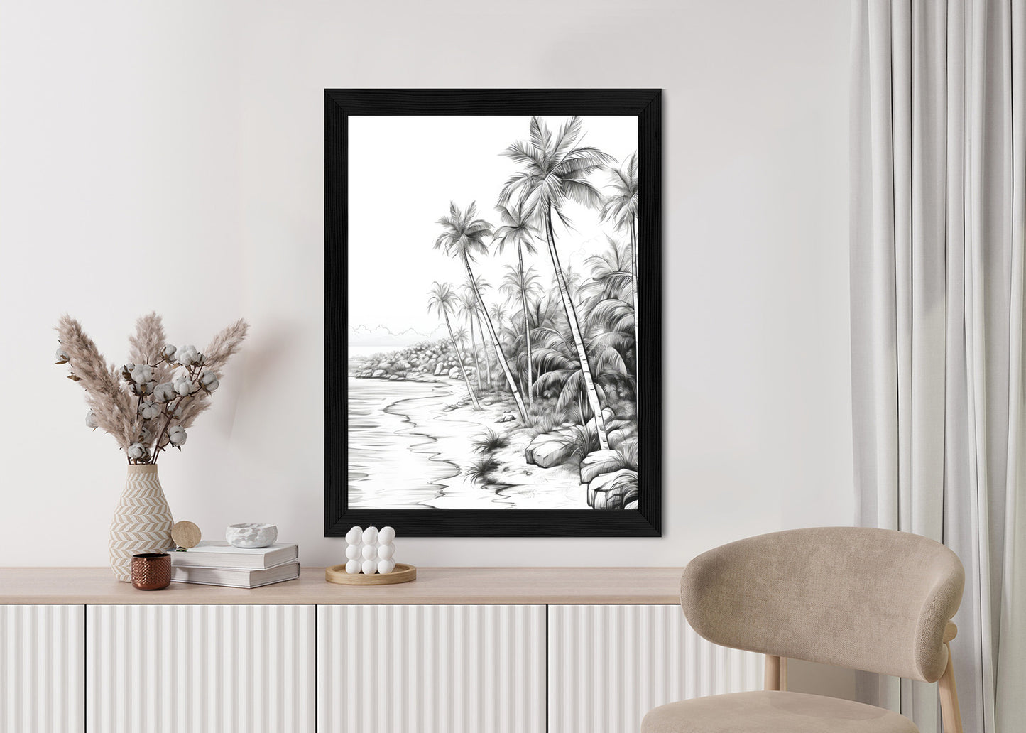 Poster Tropischer Strand Mit Palmen Und Sandiger Meeresküste Rahmen Holz Mit Passepartout Farbe Natürlich