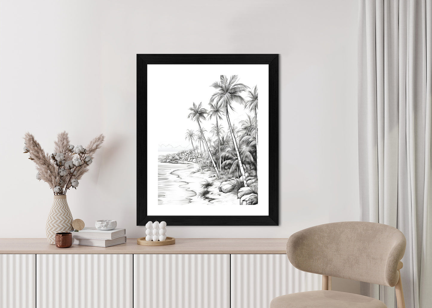 Poster Tropischer Strand Mit Palmen Und Sandiger Meeresküste Rahmen Holz Mit Passepartout Farbe Natürlich