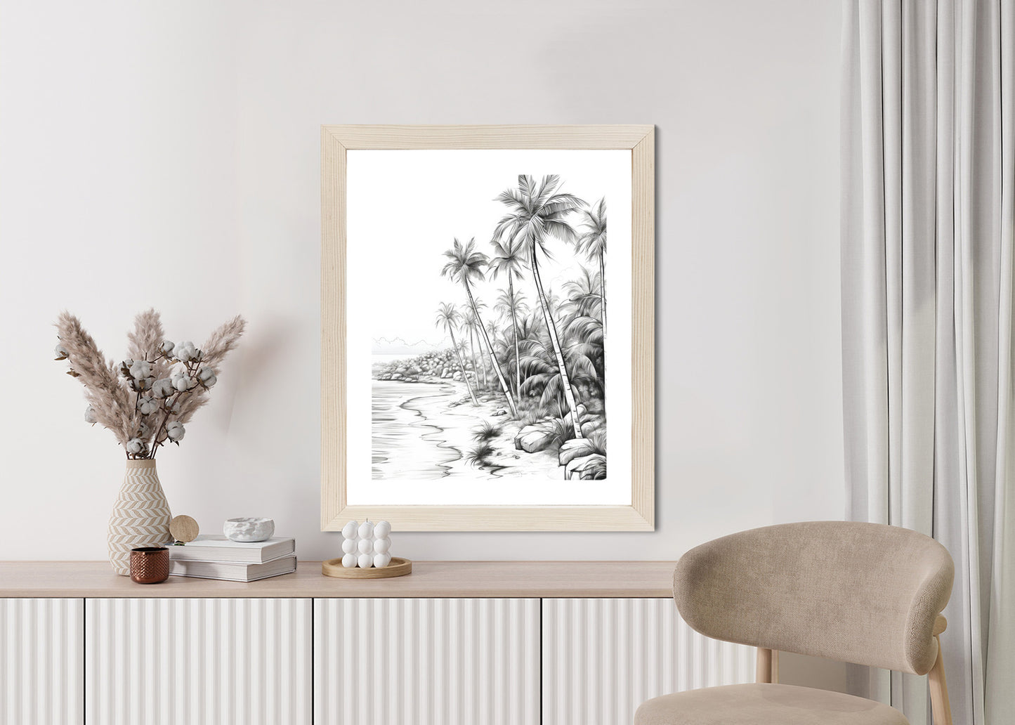 Poster Tropischer Strand Mit Palmen Und Sandiger Meeresküste Rahmen Holz Mit Passepartout Farbe Natürlich