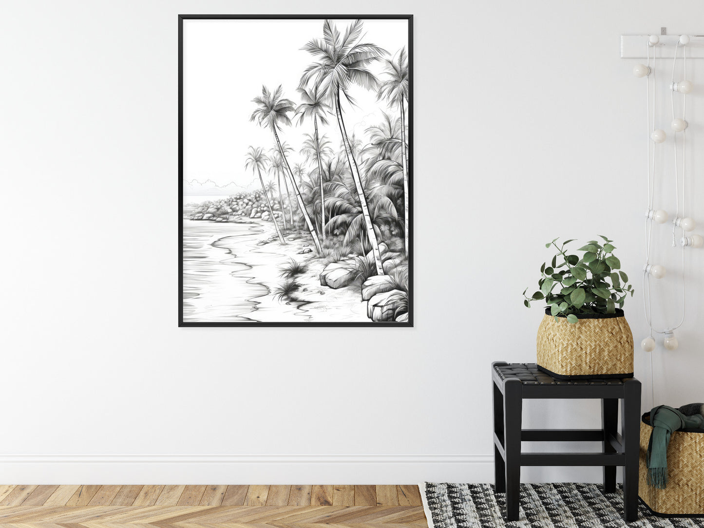 Poster Tropischer Strand Mit Palmen Und Sandiger Meeresküste Rahmen Holz Mit Passepartout Farbe Natürlich