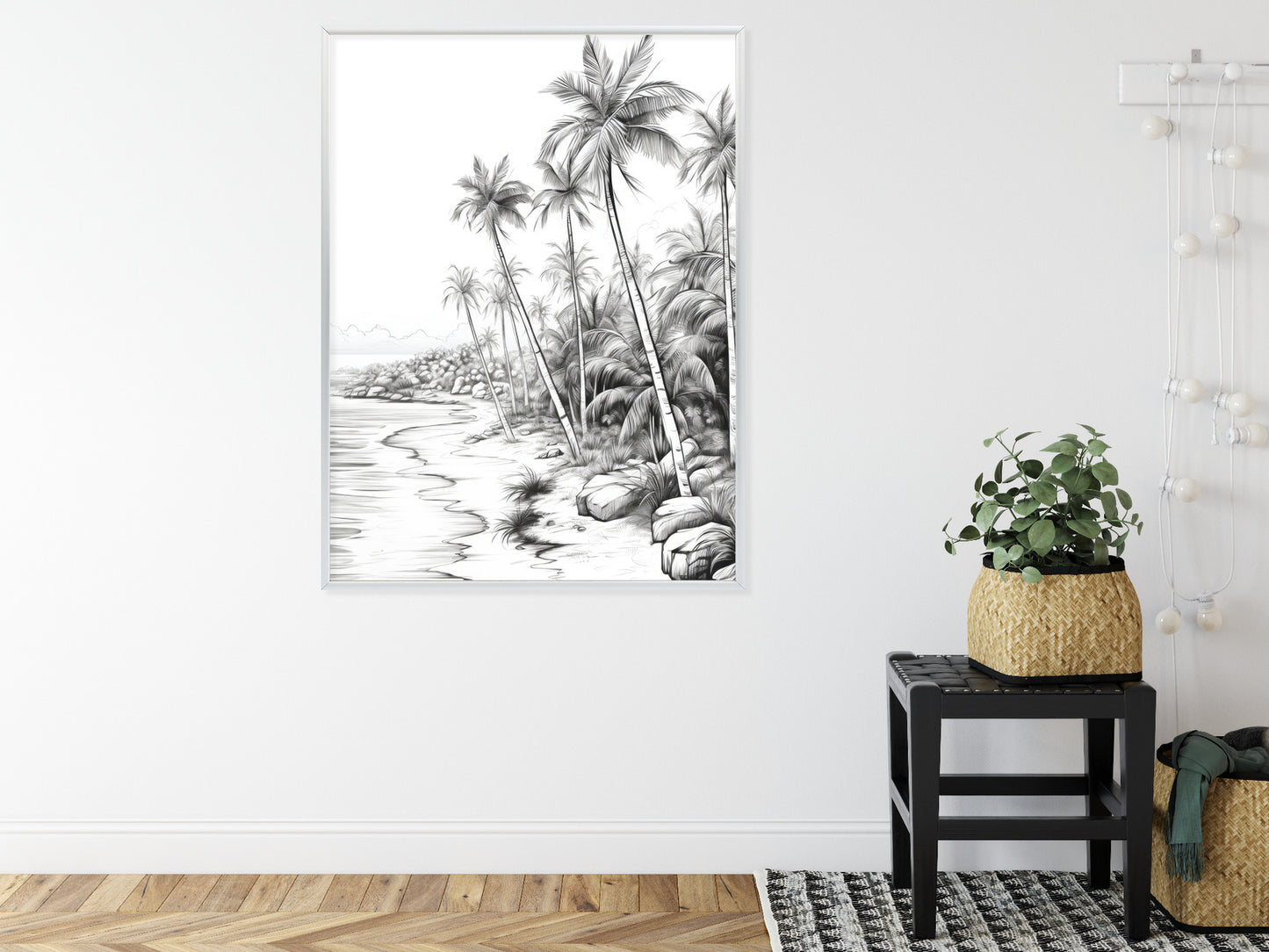 Poster Tropischer Strand Mit Palmen Und Sandiger Meeresküste Rahmen Holz Mit Passepartout Farbe Natürlich