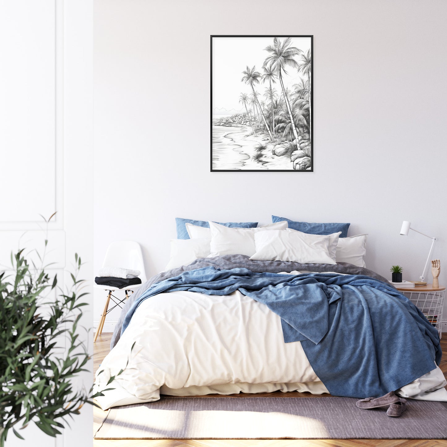 Poster Tropischer Strand Mit Palmen Und Sandiger Meeresküste Rahmen Holz Mit Passepartout Farbe Natürlich