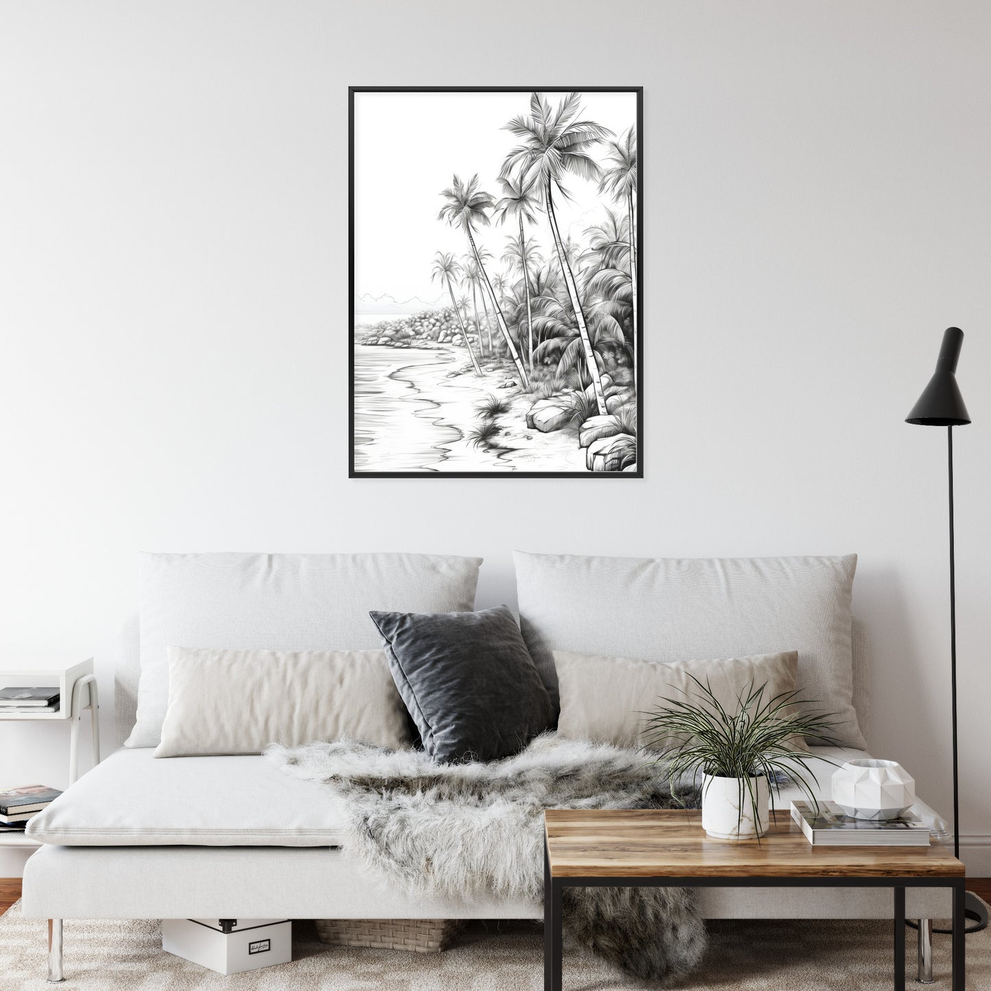 Poster Tropischer Strand Mit Palmen Und Sandiger Meeresküste Rahmen Holz Mit Passepartout Farbe Natürlich