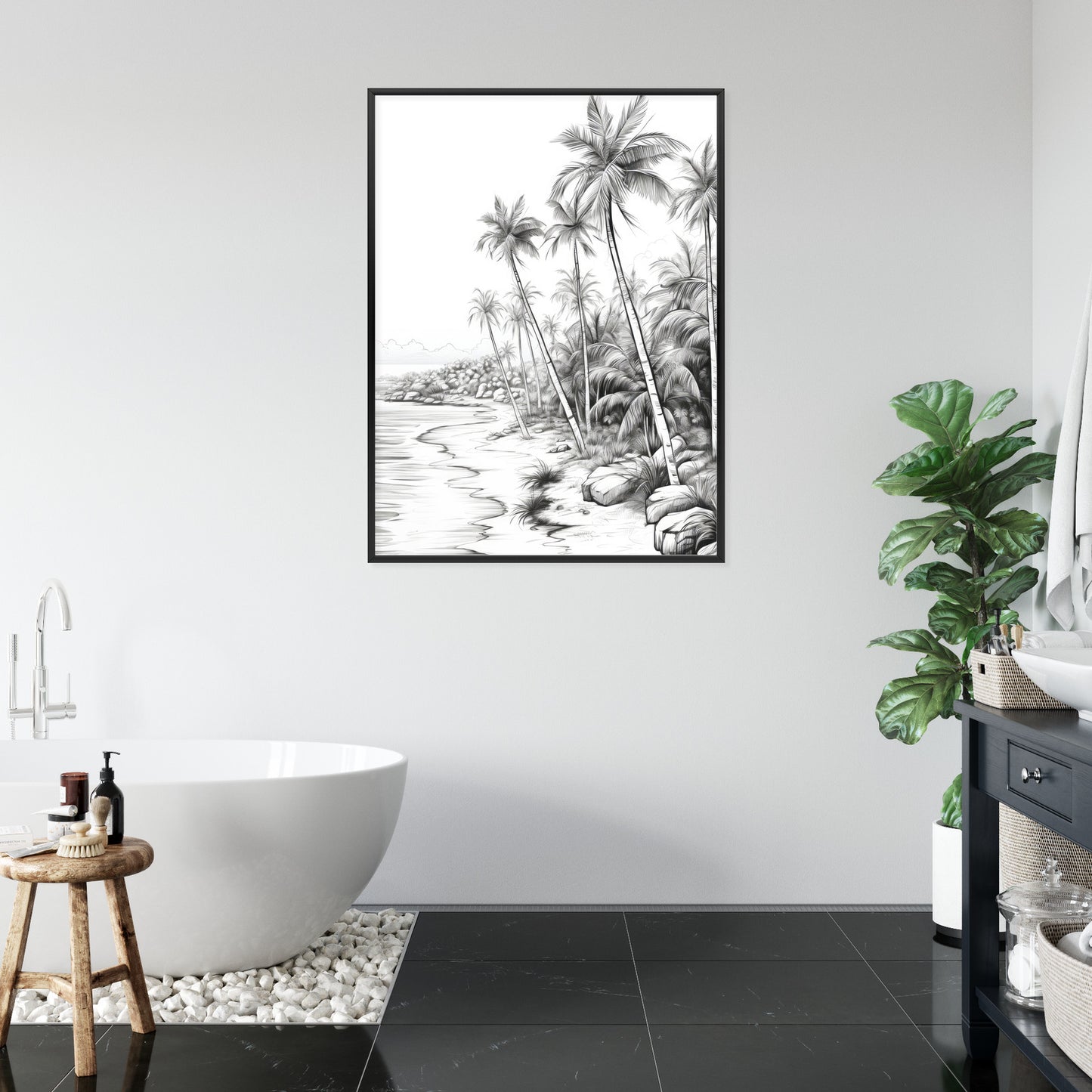 Poster Tropischer Strand Mit Palmen Und Sandiger Meeresküste Rahmen Holz Mit Passepartout Farbe Natürlich