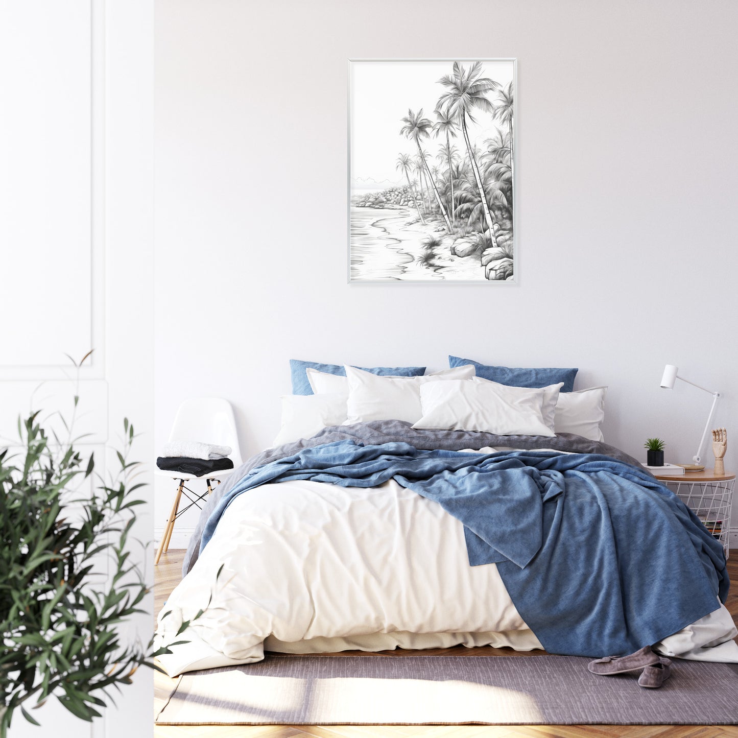 Poster Tropischer Strand Mit Palmen Und Sandiger Meeresküste Rahmen Holz Mit Passepartout Farbe Natürlich