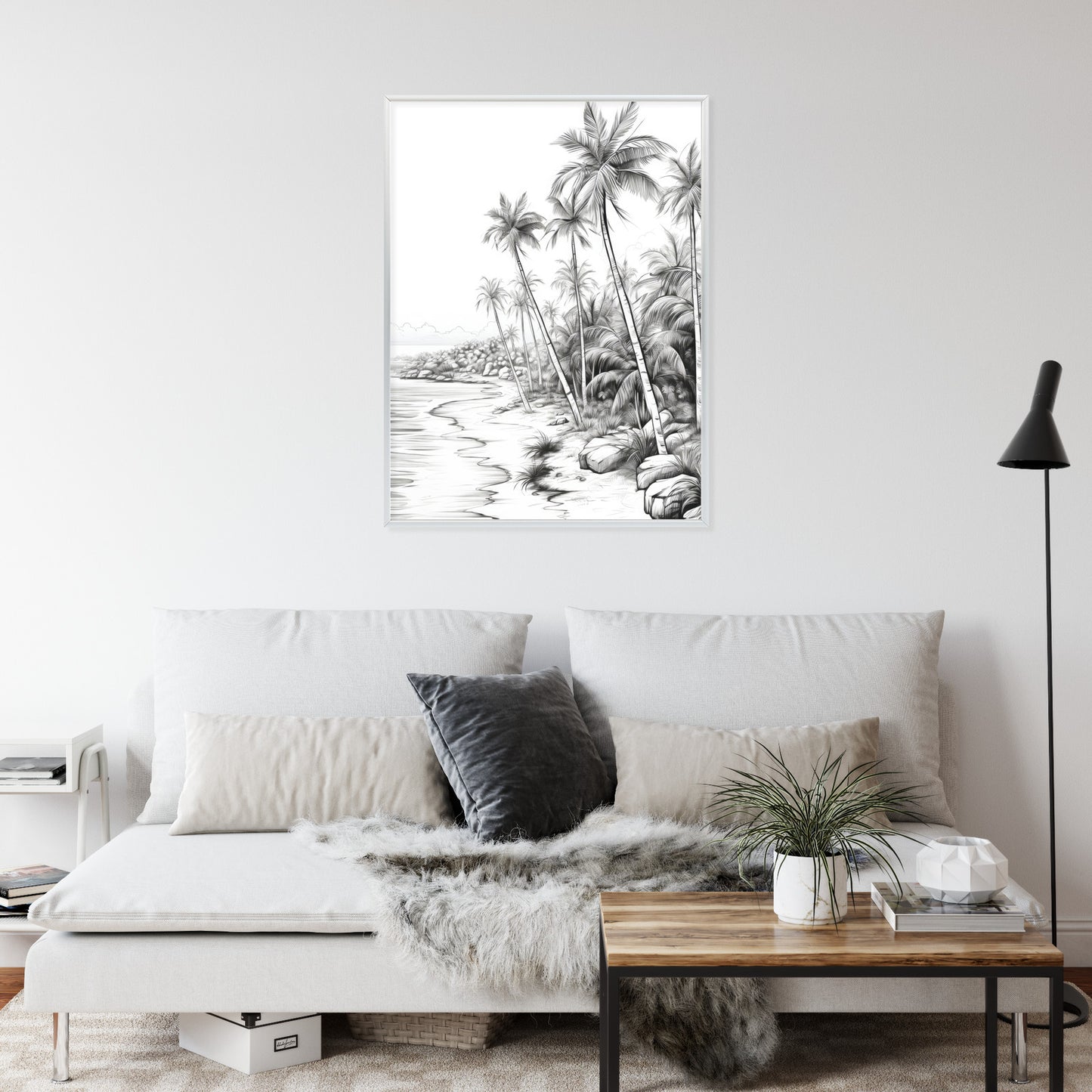 Poster Tropischer Strand Mit Palmen Und Sandiger Meeresküste Rahmen Holz Mit Passepartout Farbe Natürlich