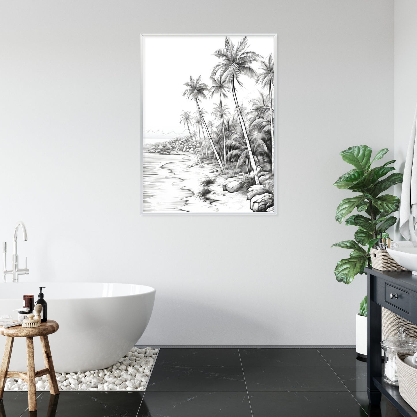 Poster Tropischer Strand Mit Palmen Und Sandiger Meeresküste Rahmen Holz Mit Passepartout Farbe Natürlich