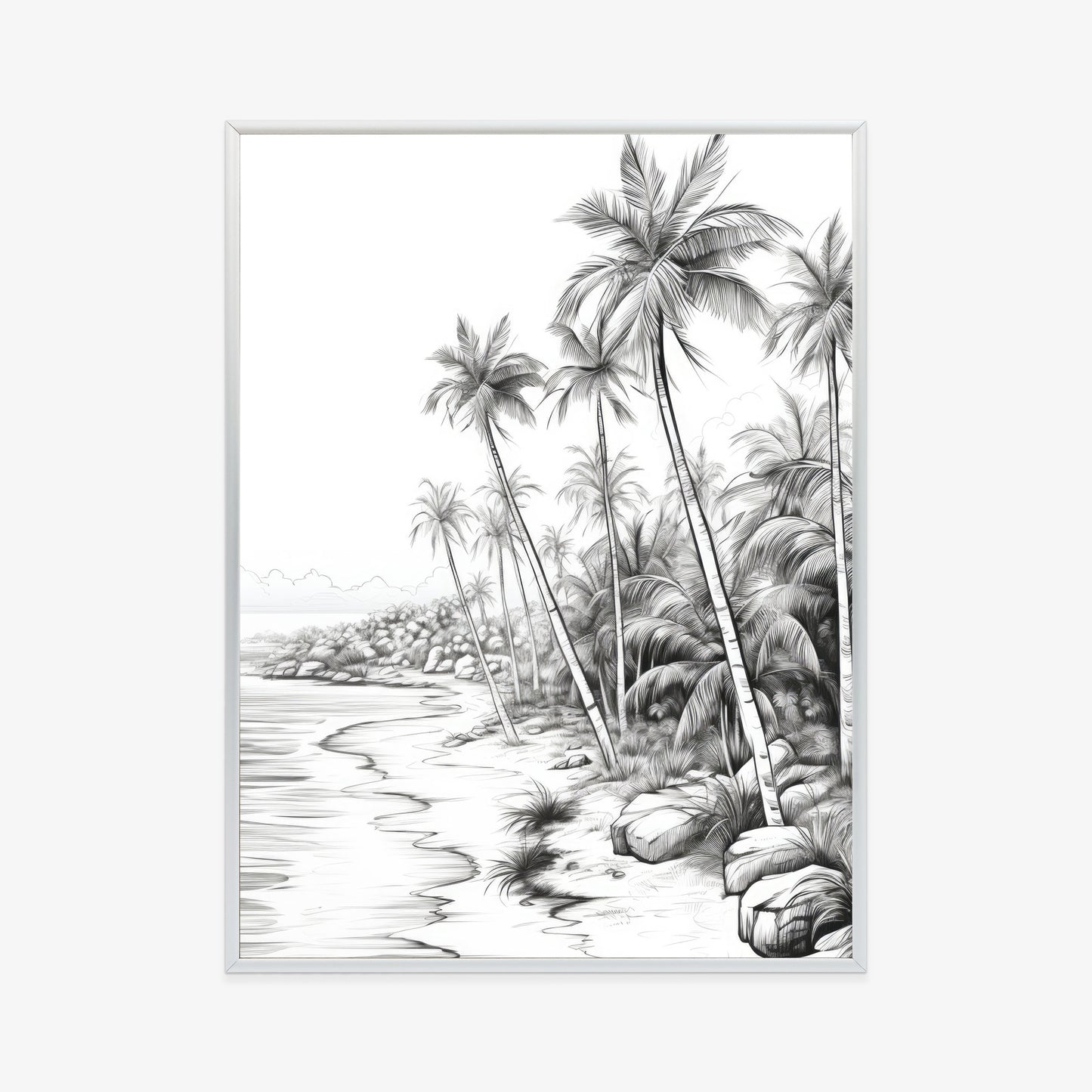 Poster Tropischer Strand Mit Palmen Und Sandiger Meeresküste Rahmen Holz Mit Passepartout Farbe Natürlich