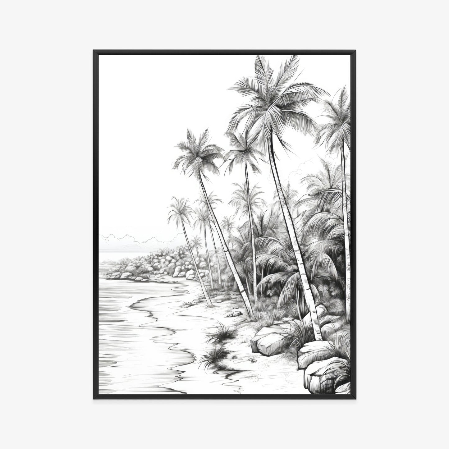 Poster Tropischer Strand Mit Palmen Und Sandiger Meeresküste Rahmen Holz Mit Passepartout Farbe Natürlich