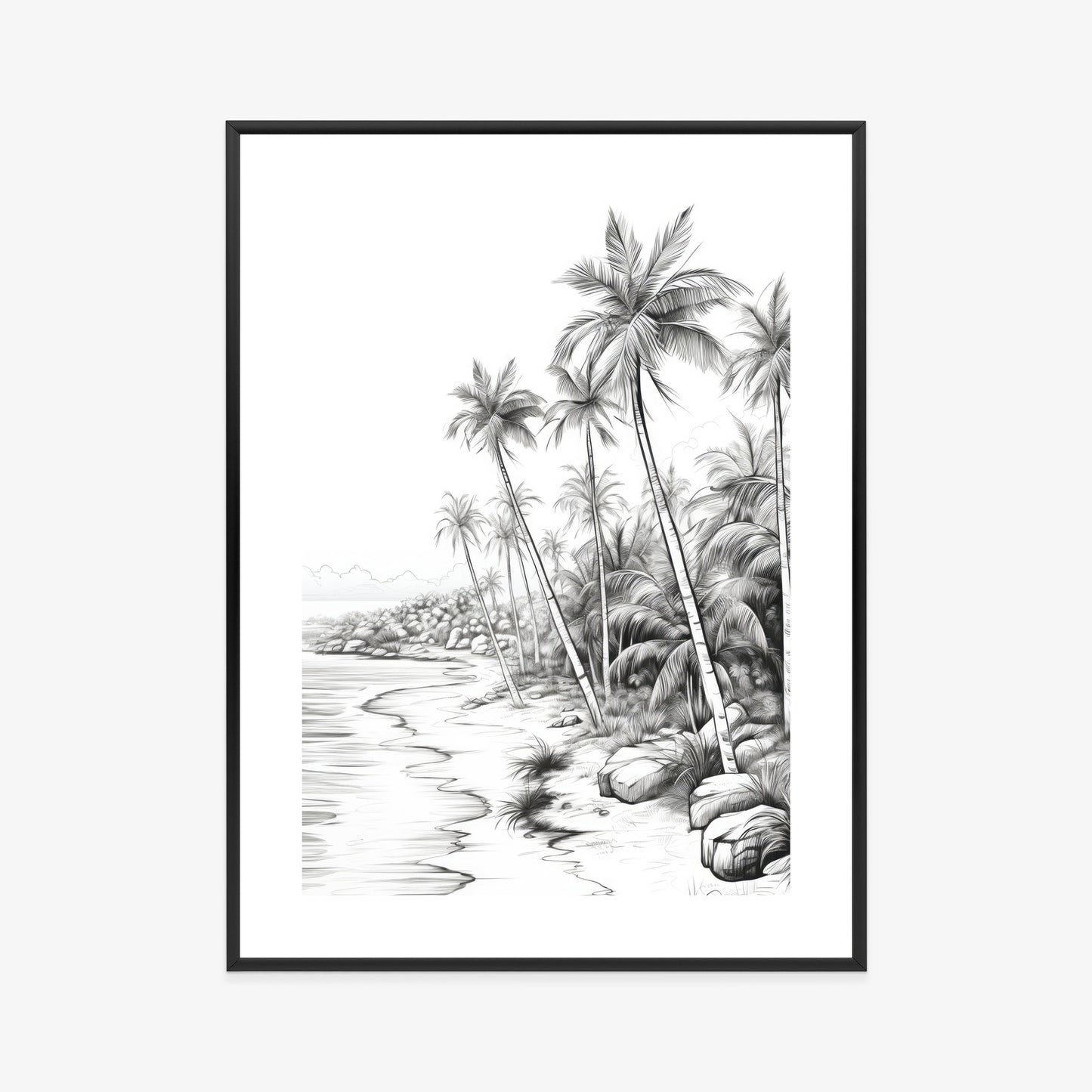 Poster Tropischer Strand Mit Palmen Und Sandiger Meeresküste Rahmen Holz Mit Passepartout Farbe Natürlich