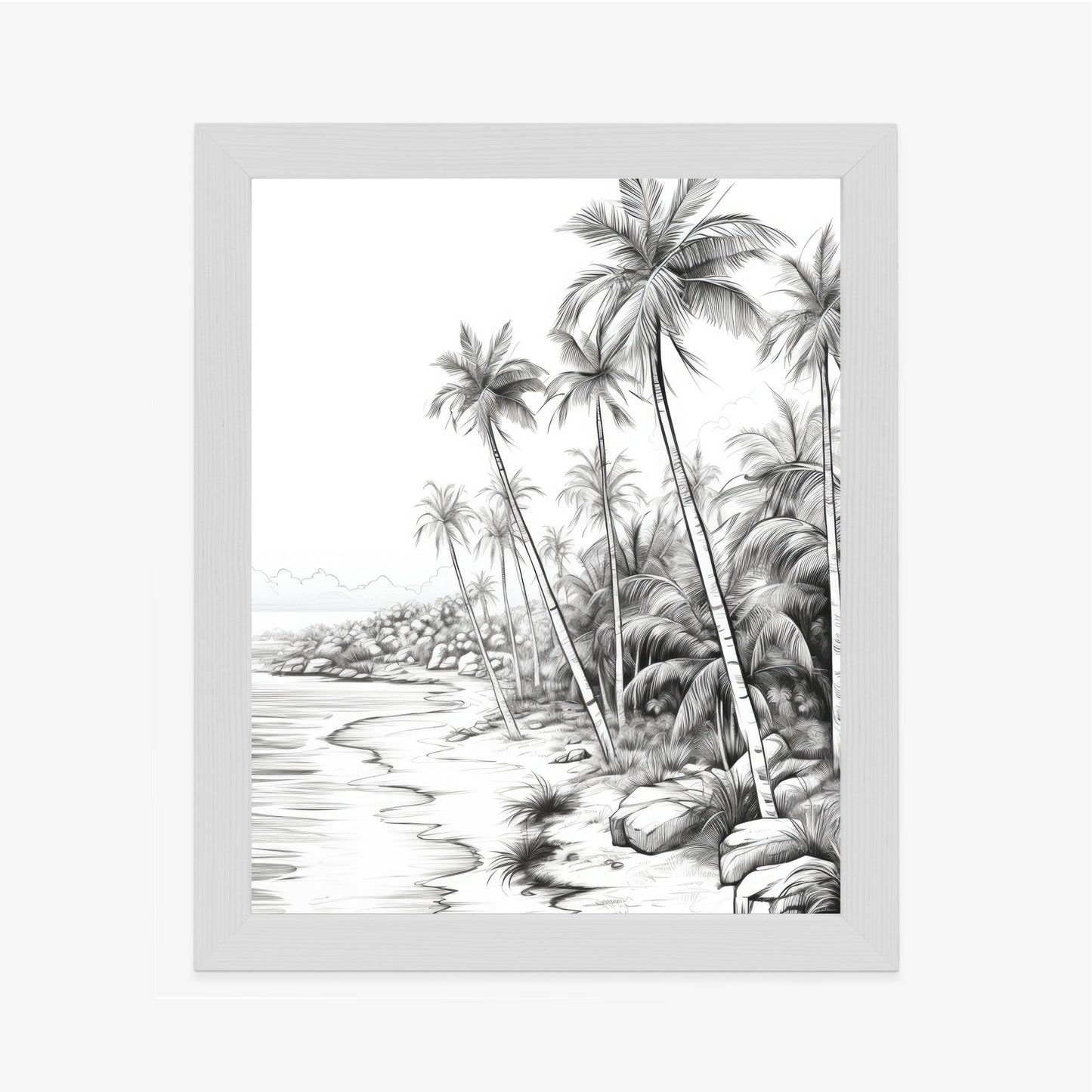 Poster Tropischer Strand Mit Palmen Und Sandiger Meeresküste Rahmen Holz Mit Passepartout Farbe Natürlich