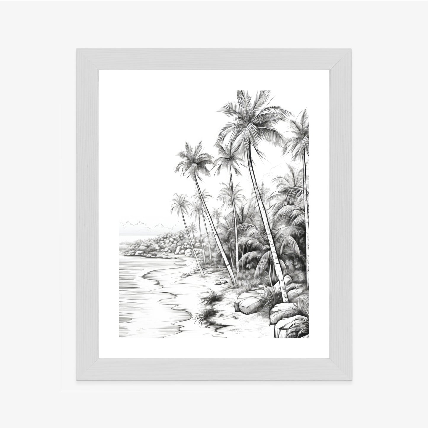 Poster Tropischer Strand Mit Palmen Und Sandiger Meeresküste Rahmen Holz Mit Passepartout Farbe Natürlich
