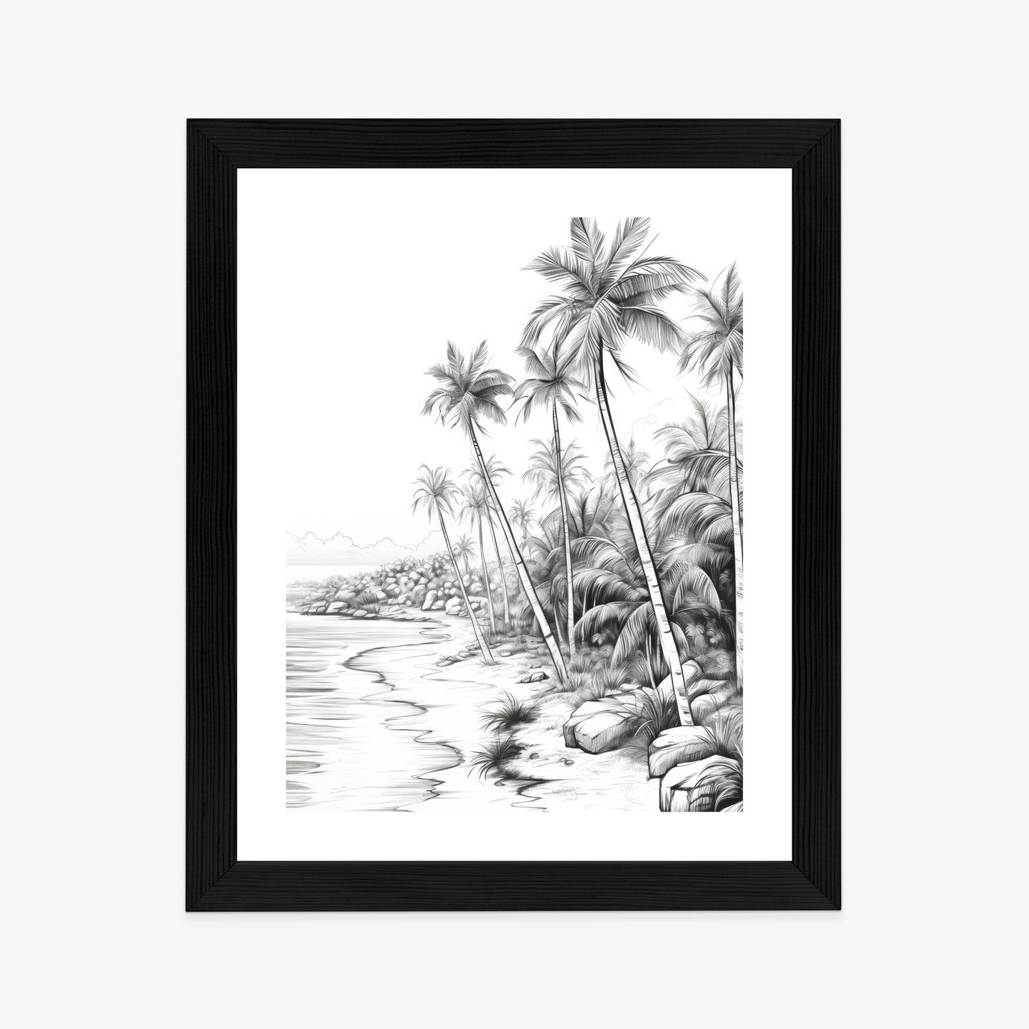 Poster Tropischer Strand Mit Palmen Und Sandiger Meeresküste Rahmen Holz Mit Passepartout Farbe Natürlich
