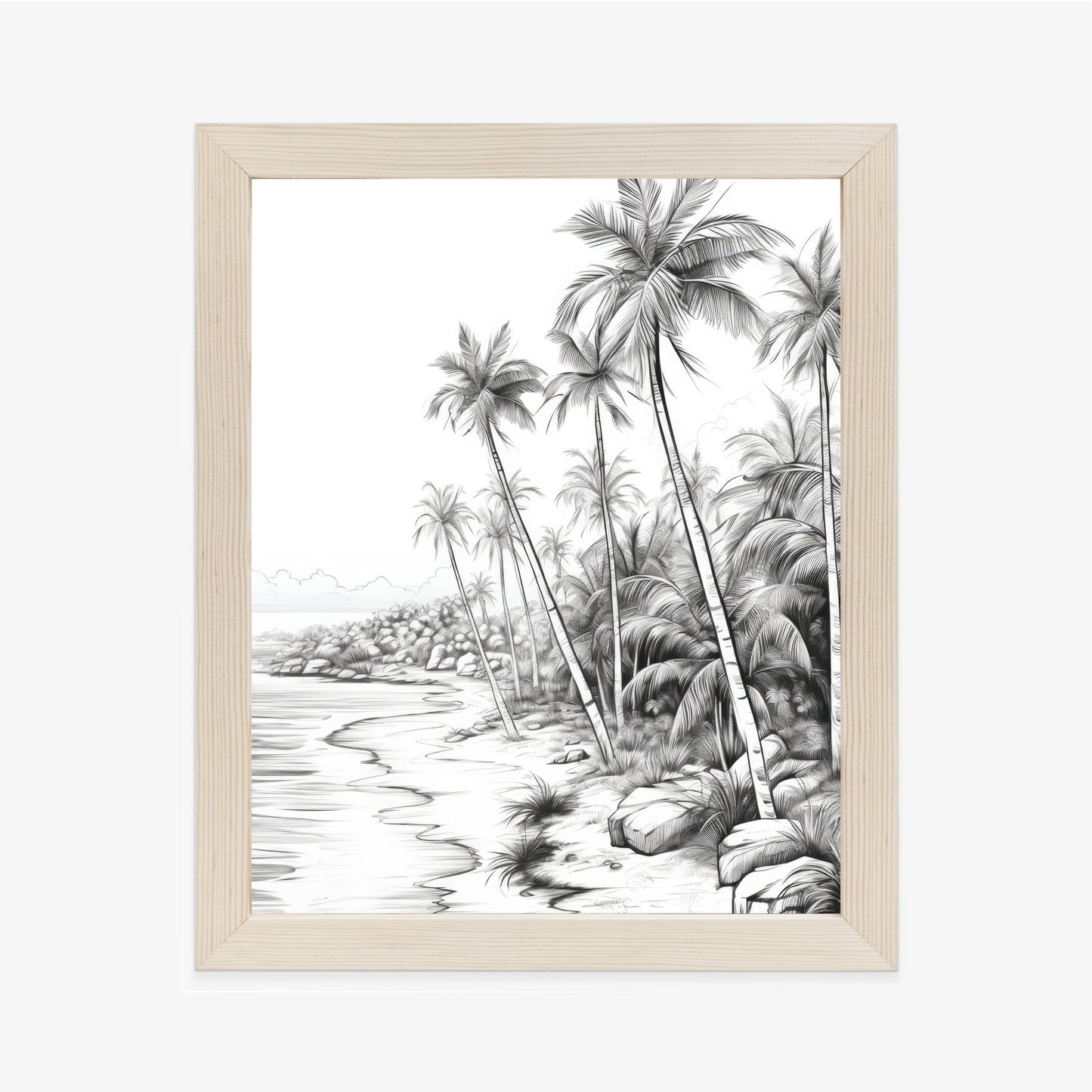 Poster Tropischer Strand Mit Palmen Und Sandiger Meeresküste Rahmen Holz Mit Passepartout Farbe Natürlich