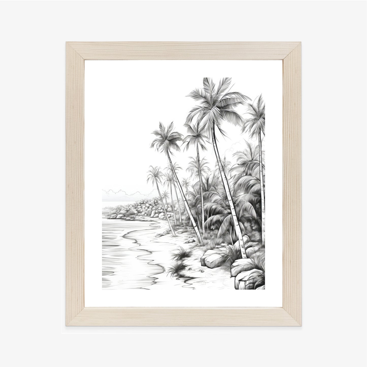 Poster Tropischer Strand Mit Palmen Und Sandiger Meeresküste Rahmen Holz Mit Passepartout Farbe Natürlich