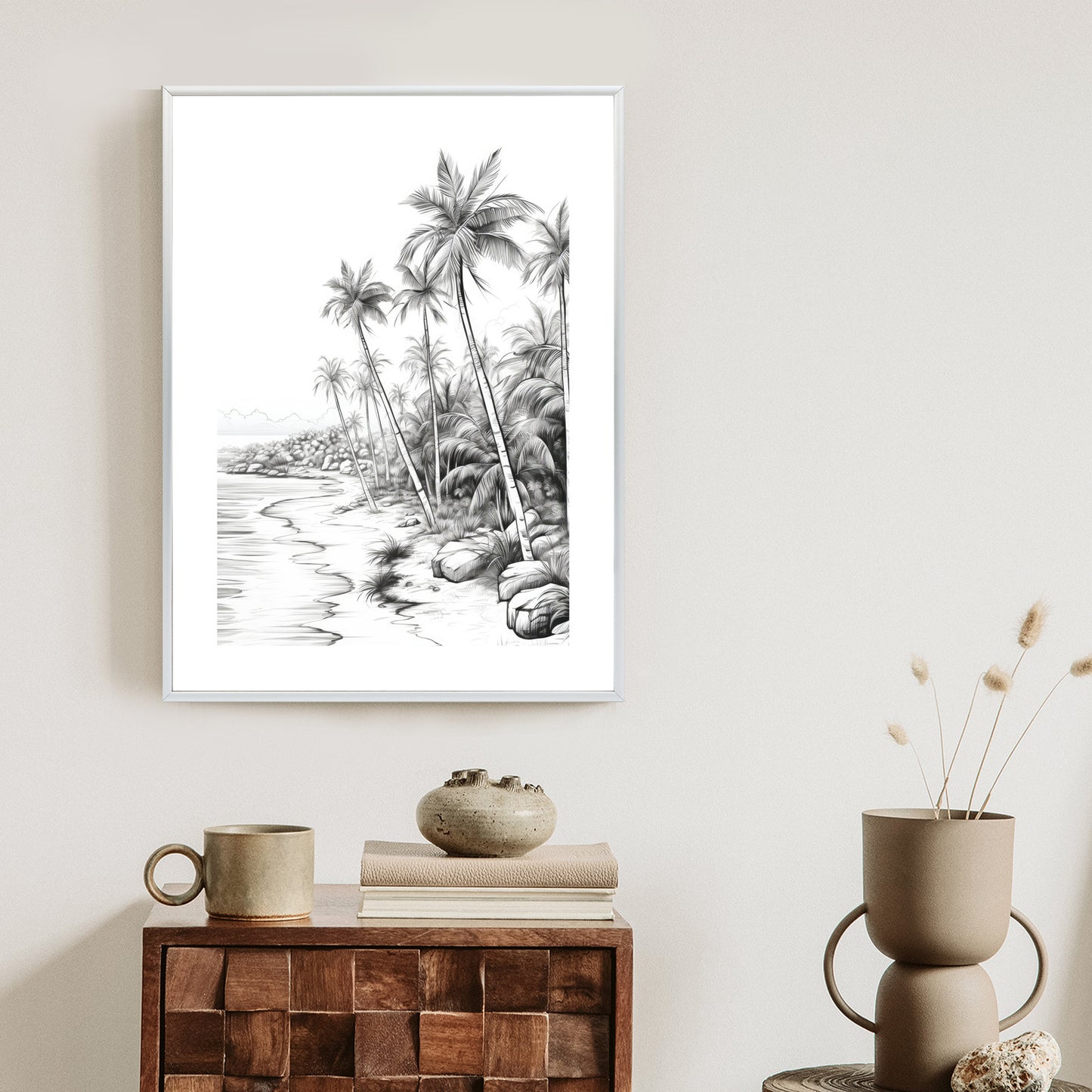 Poster Tropischer Strand Mit Palmen Und Sandiger Meeresküste Rahmen Holz Mit Passepartout Farbe Natürlich