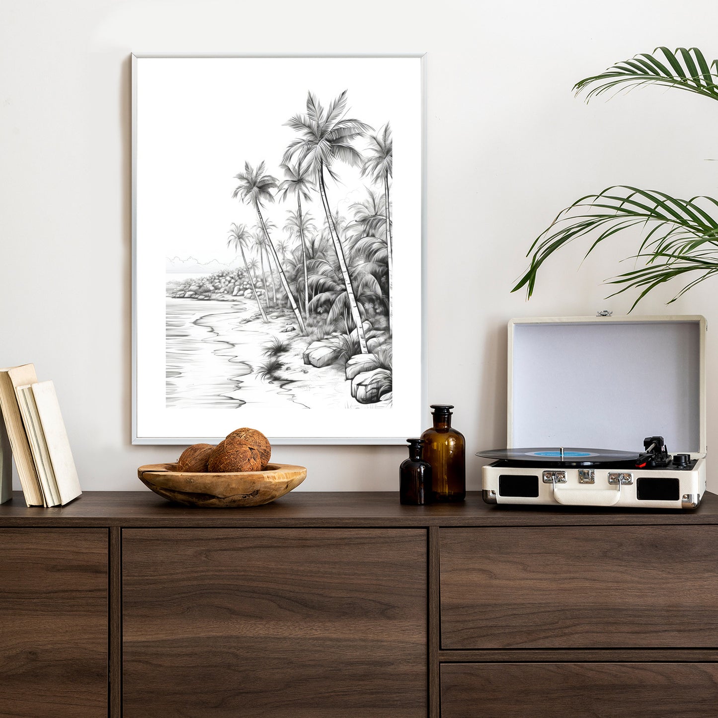 Poster Tropischer Strand Mit Palmen Und Sandiger Meeresküste Rahmen Holz Mit Passepartout Farbe Natürlich