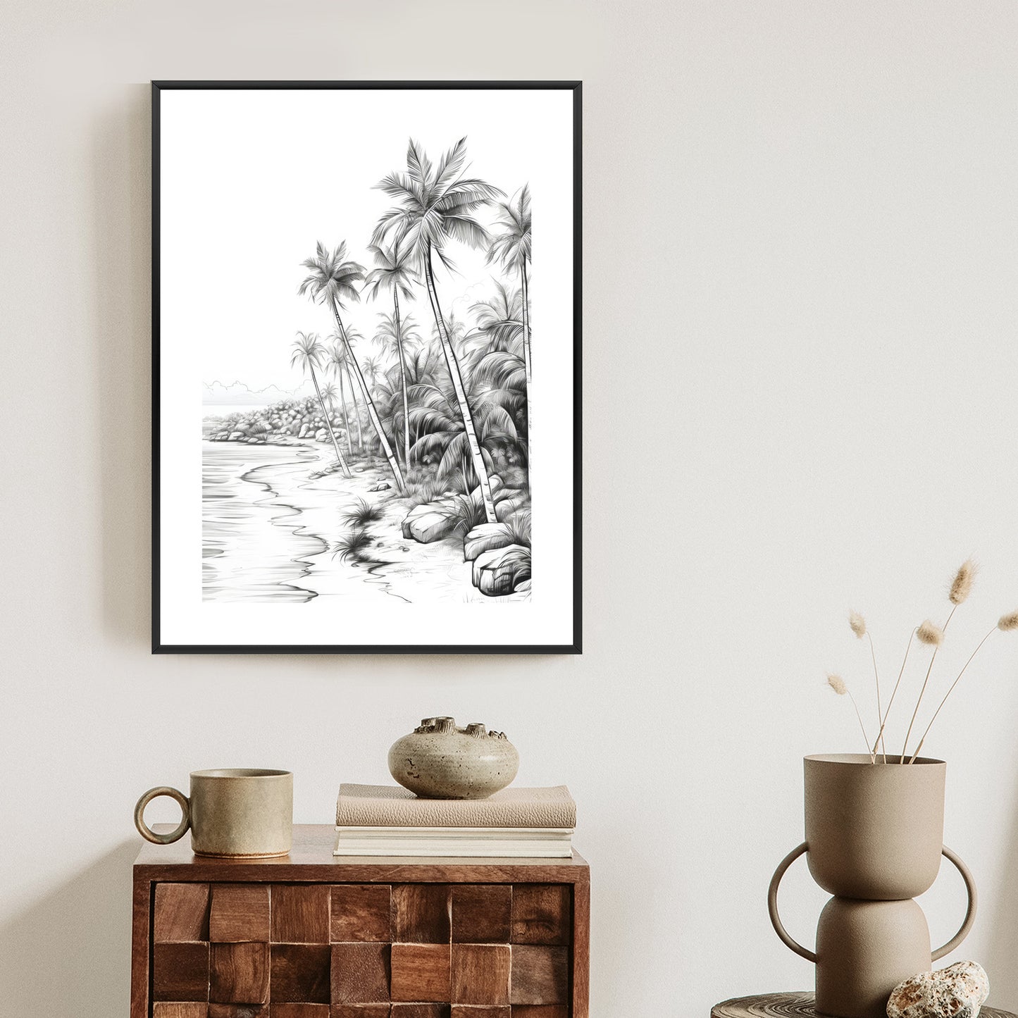 Poster Tropischer Strand Mit Palmen Und Sandiger Meeresküste Rahmen Holz Mit Passepartout Farbe Natürlich