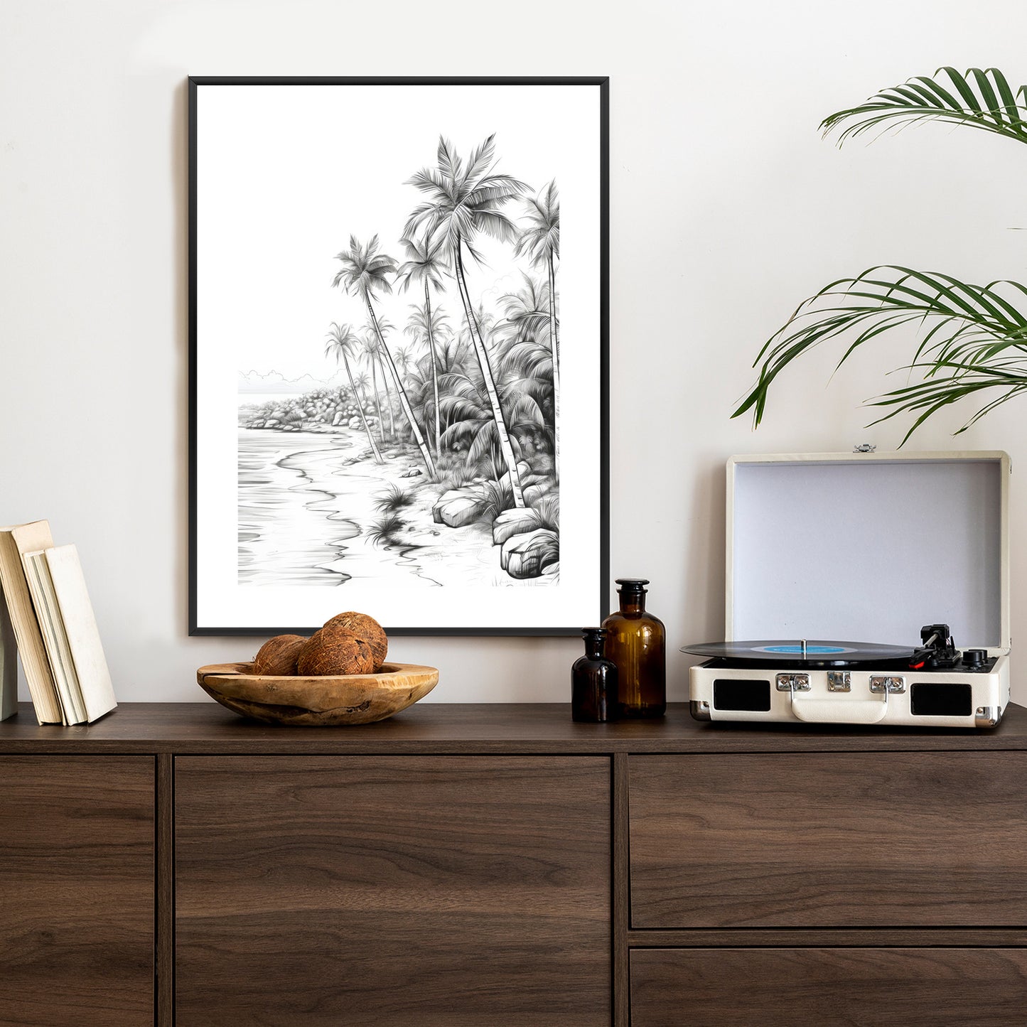 Poster Tropischer Strand Mit Palmen Und Sandiger Meeresküste Rahmen Holz Mit Passepartout Farbe Natürlich
