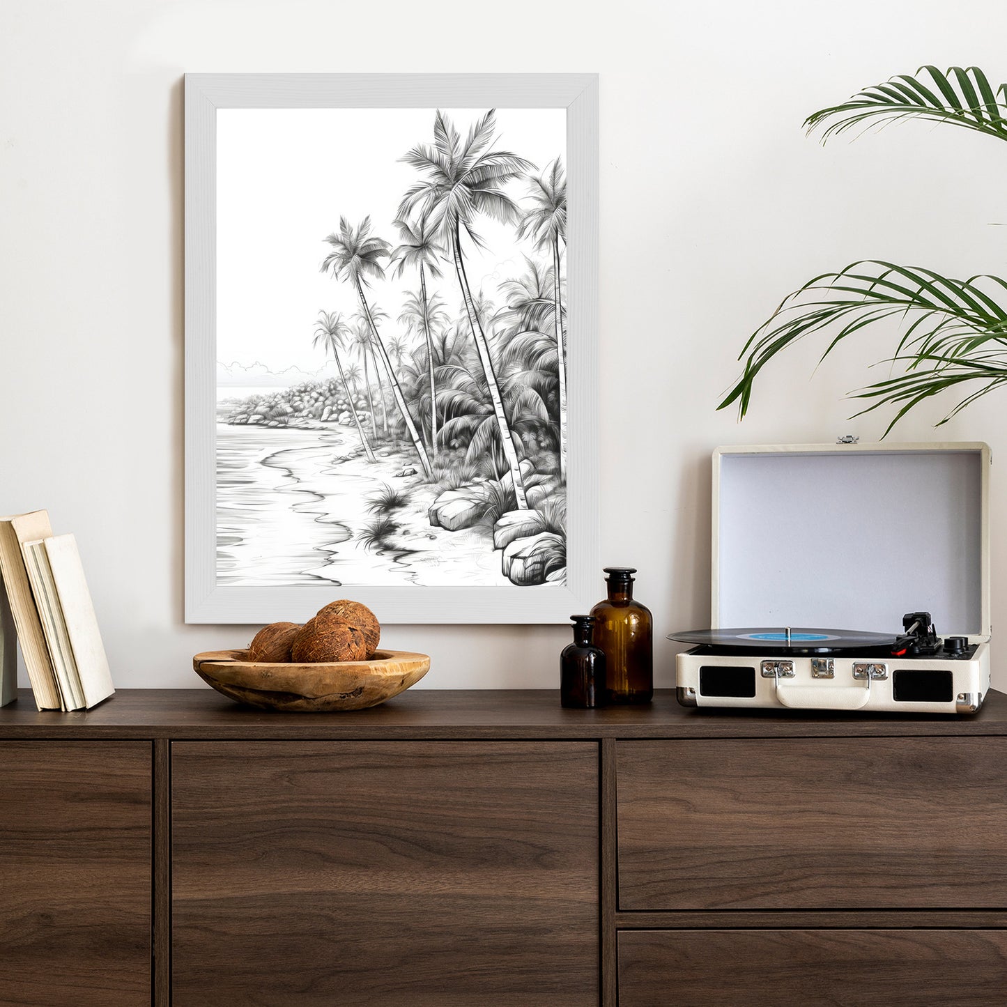 Poster Tropischer Strand Mit Palmen Und Sandiger Meeresküste Rahmen Holz Mit Passepartout Farbe Natürlich