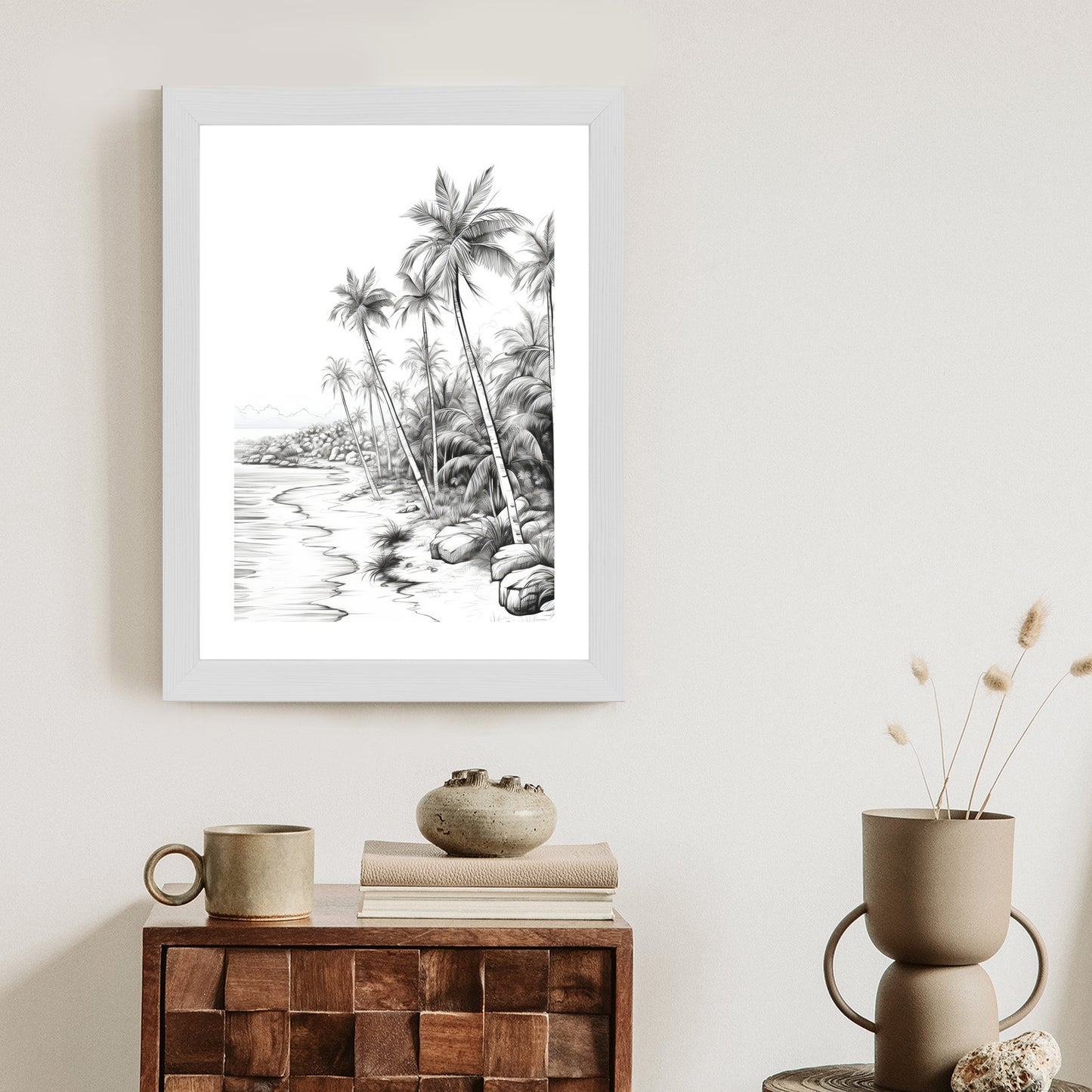 Poster Tropischer Strand Mit Palmen Und Sandiger Meeresküste Rahmen Holz Mit Passepartout Farbe Natürlich