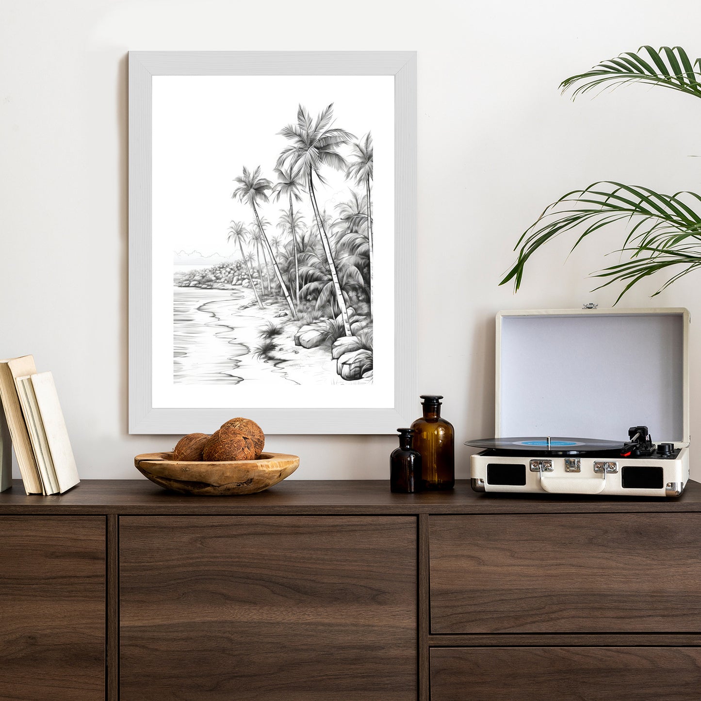 Poster Tropischer Strand Mit Palmen Und Sandiger Meeresküste Rahmen Holz Mit Passepartout Farbe Natürlich