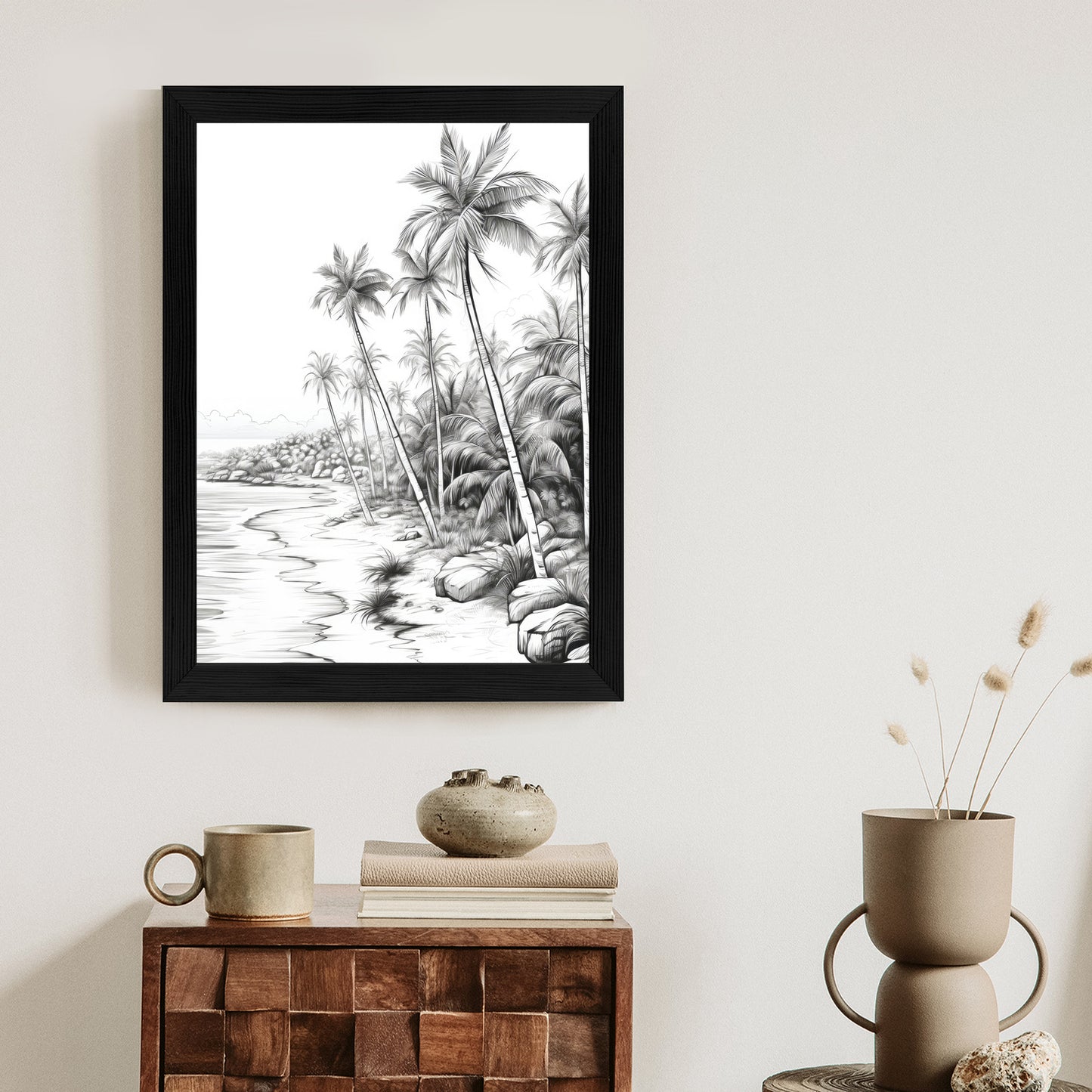 Poster Tropischer Strand Mit Palmen Und Sandiger Meeresküste Rahmen Holz Mit Passepartout Farbe Natürlich