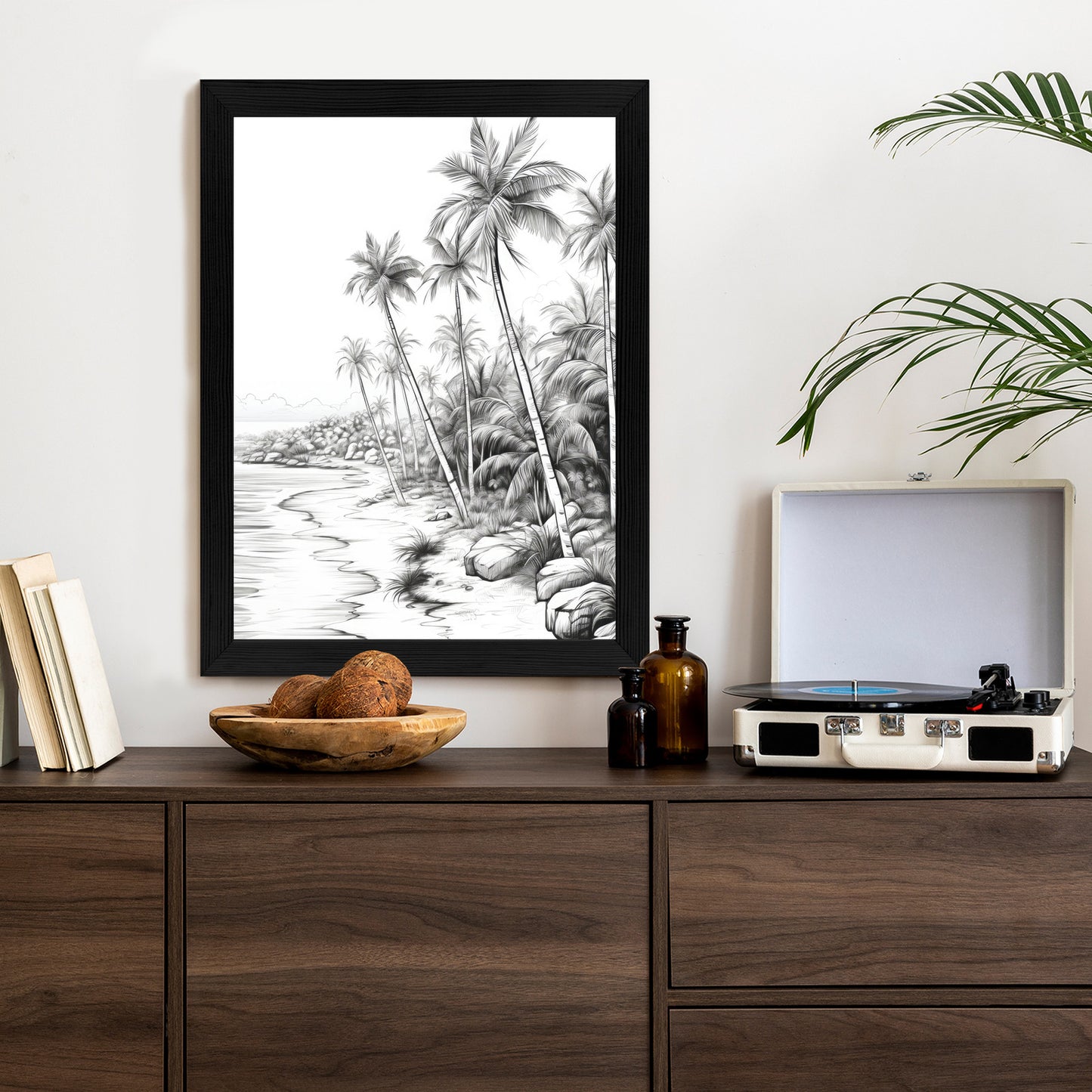 Poster Tropischer Strand Mit Palmen Und Sandiger Meeresküste Rahmen Holz Mit Passepartout Farbe Natürlich