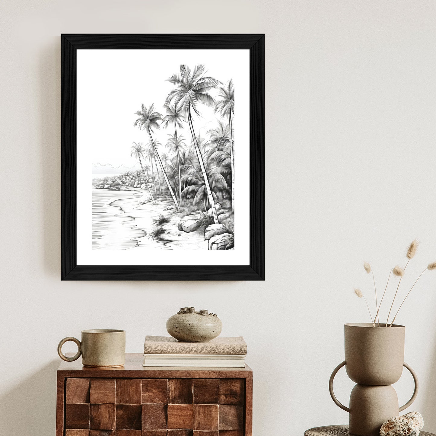 Poster Tropischer Strand Mit Palmen Und Sandiger Meeresküste Rahmen Holz Mit Passepartout Farbe Natürlich