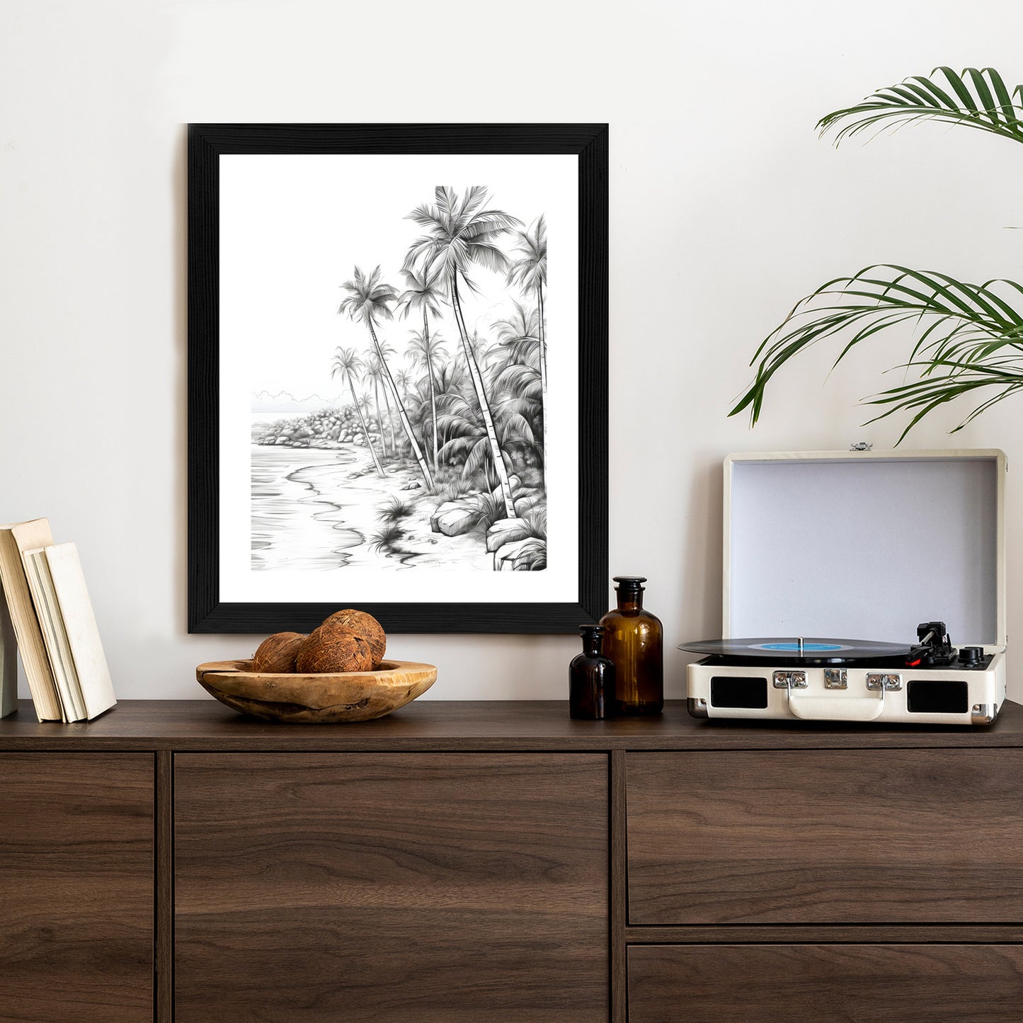 Poster Tropischer Strand Mit Palmen Und Sandiger Meeresküste Rahmen Holz Mit Passepartout Farbe Natürlich