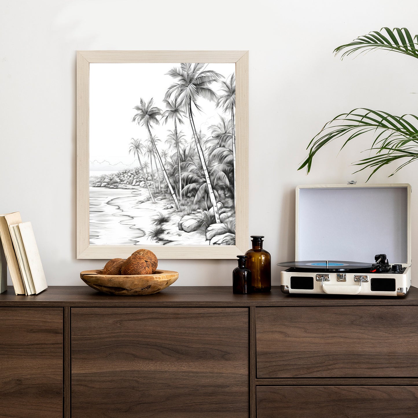 Poster Tropischer Strand Mit Palmen Und Sandiger Meeresküste Rahmen Holz Mit Passepartout Farbe Natürlich