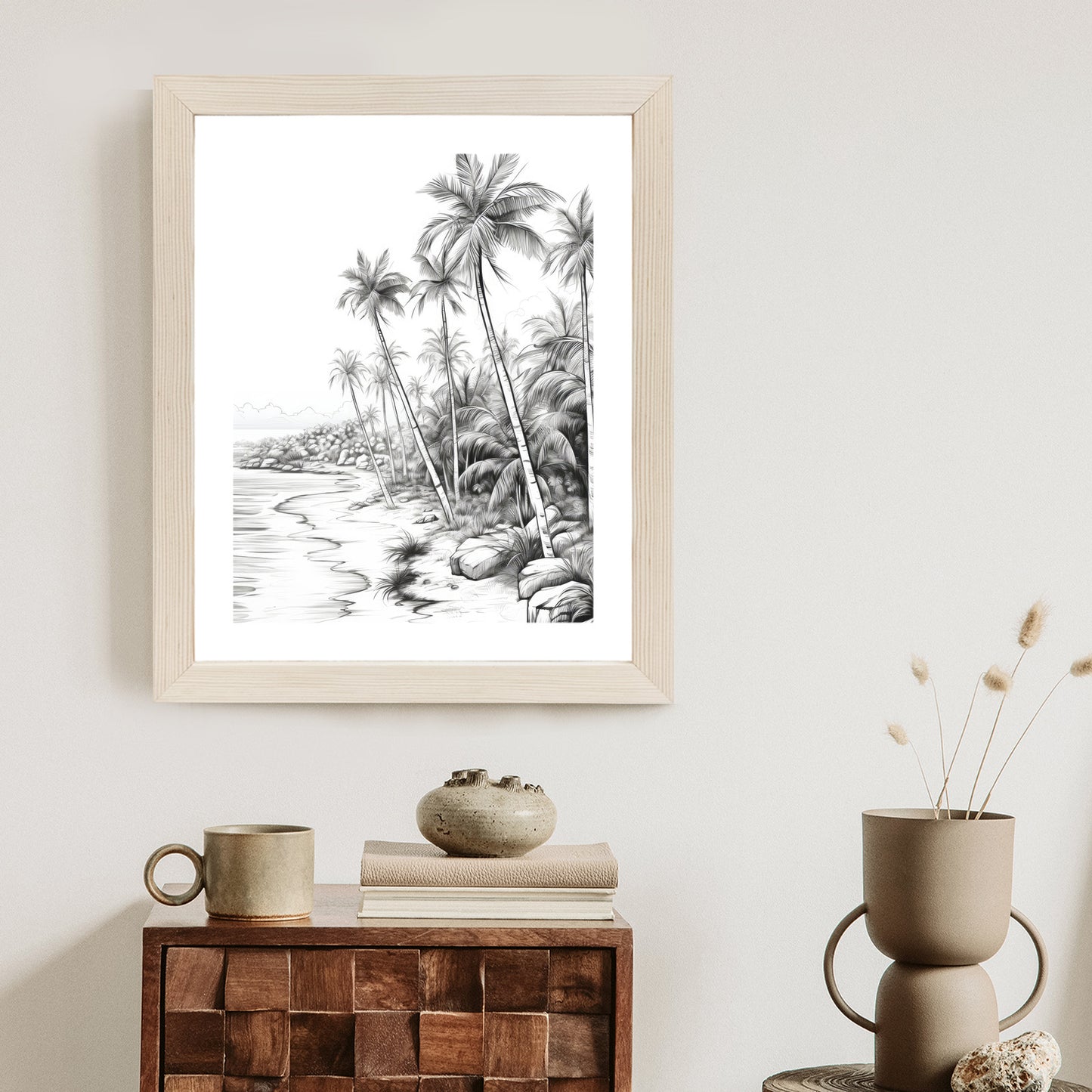 Poster Tropischer Strand Mit Palmen Und Sandiger Meeresküste Rahmen Holz Mit Passepartout Farbe Natürlich