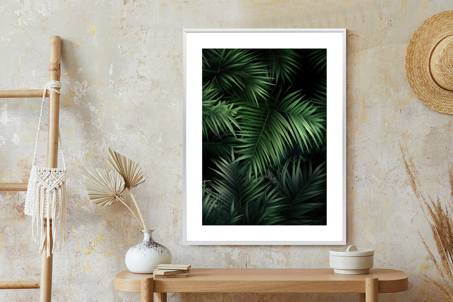 Poster Dunkle Bambusblätter Rahmen Holz Mit Passepartout Farbe Natürlich