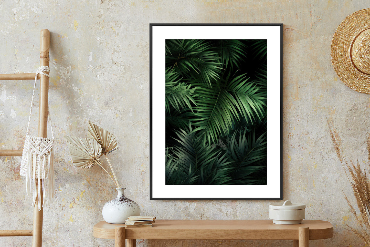 Poster Dunkle Bambusblätter Rahmen Holz Mit Passepartout Farbe Natürlich