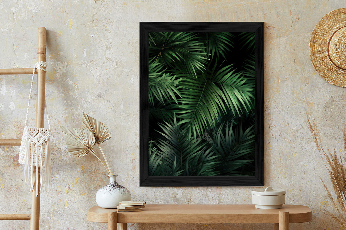 Poster Dunkle Bambusblätter Rahmen Holz Mit Passepartout Farbe Natürlich